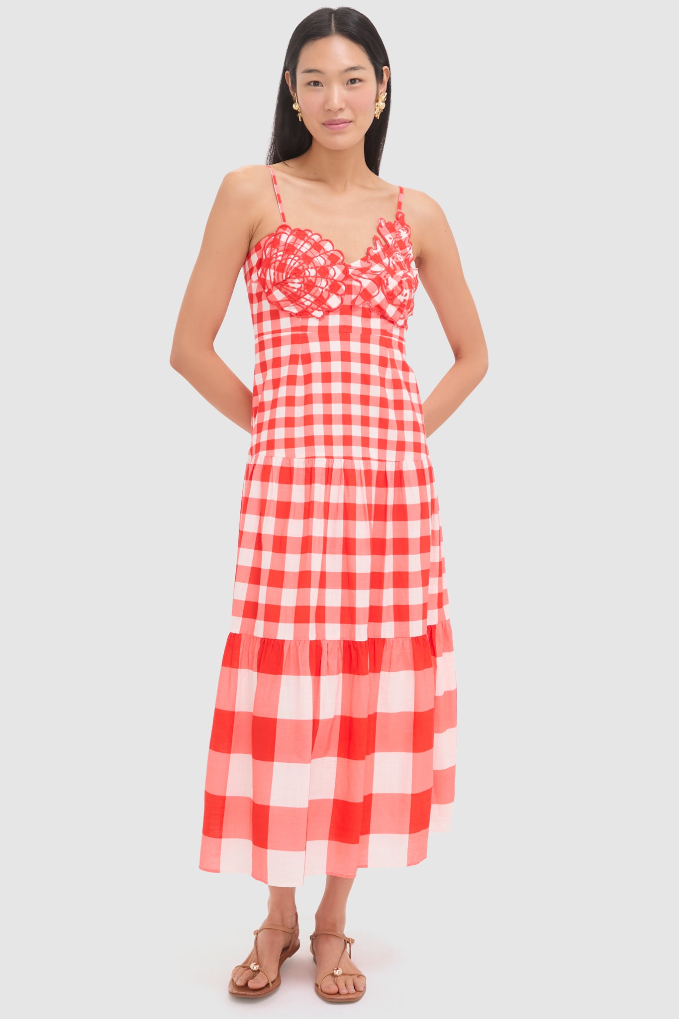Red Gingham and Shell Taylor Midi Dress-Beilave