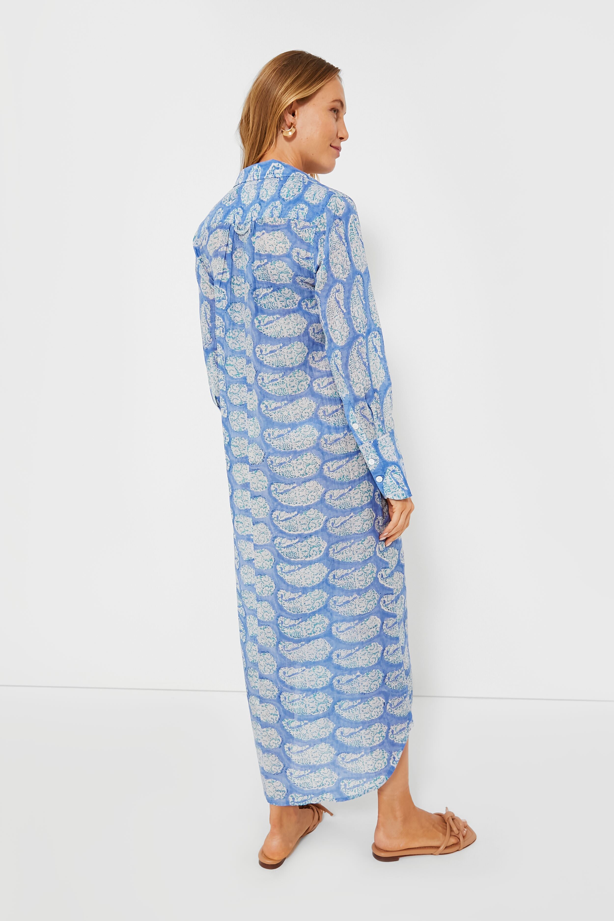 Blue Turq Paisley Oversized Maxi Shirt Dress-Beilave