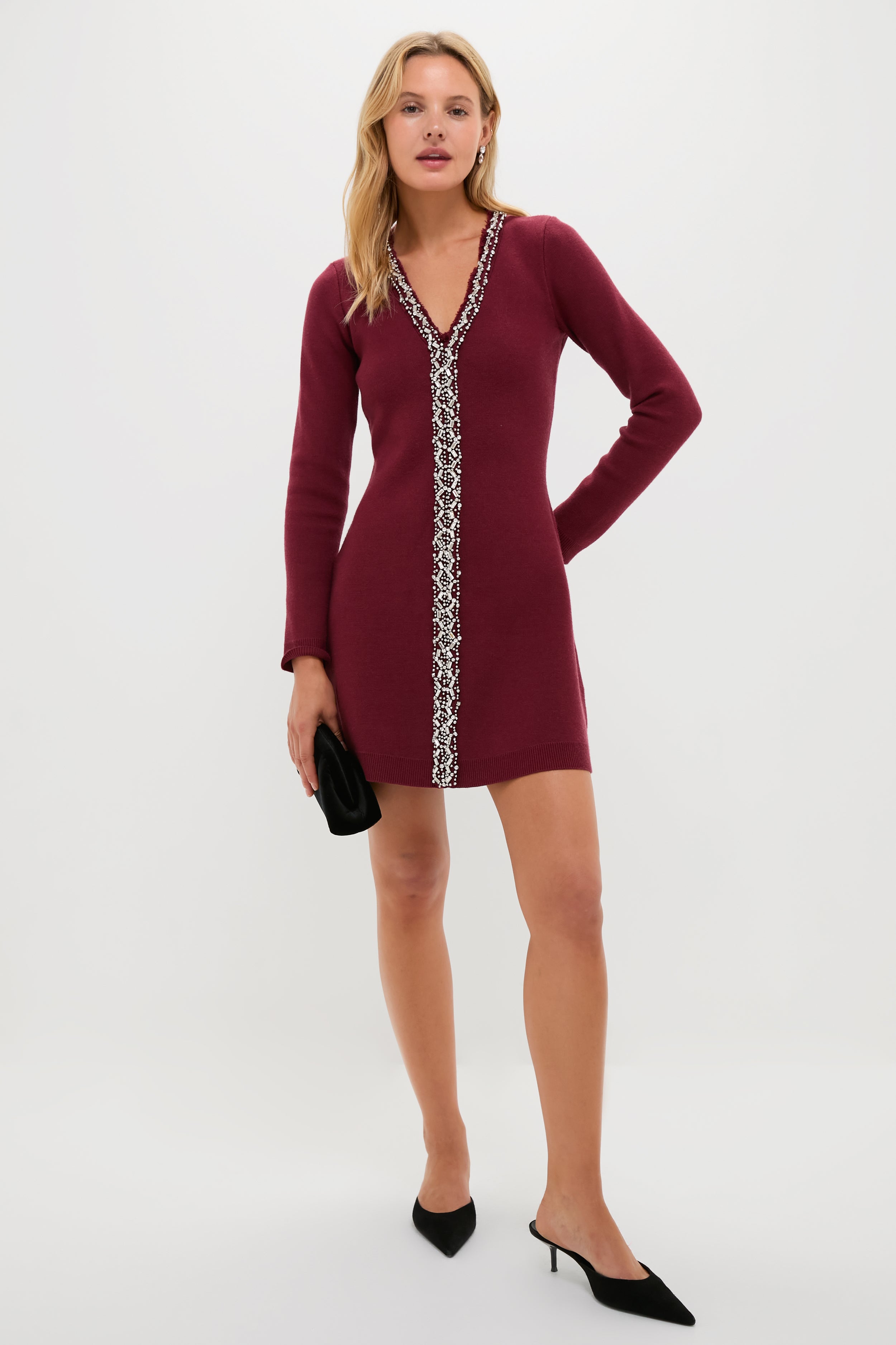 Oxblood Embellished Knit Simms Mini Dress-Beilave