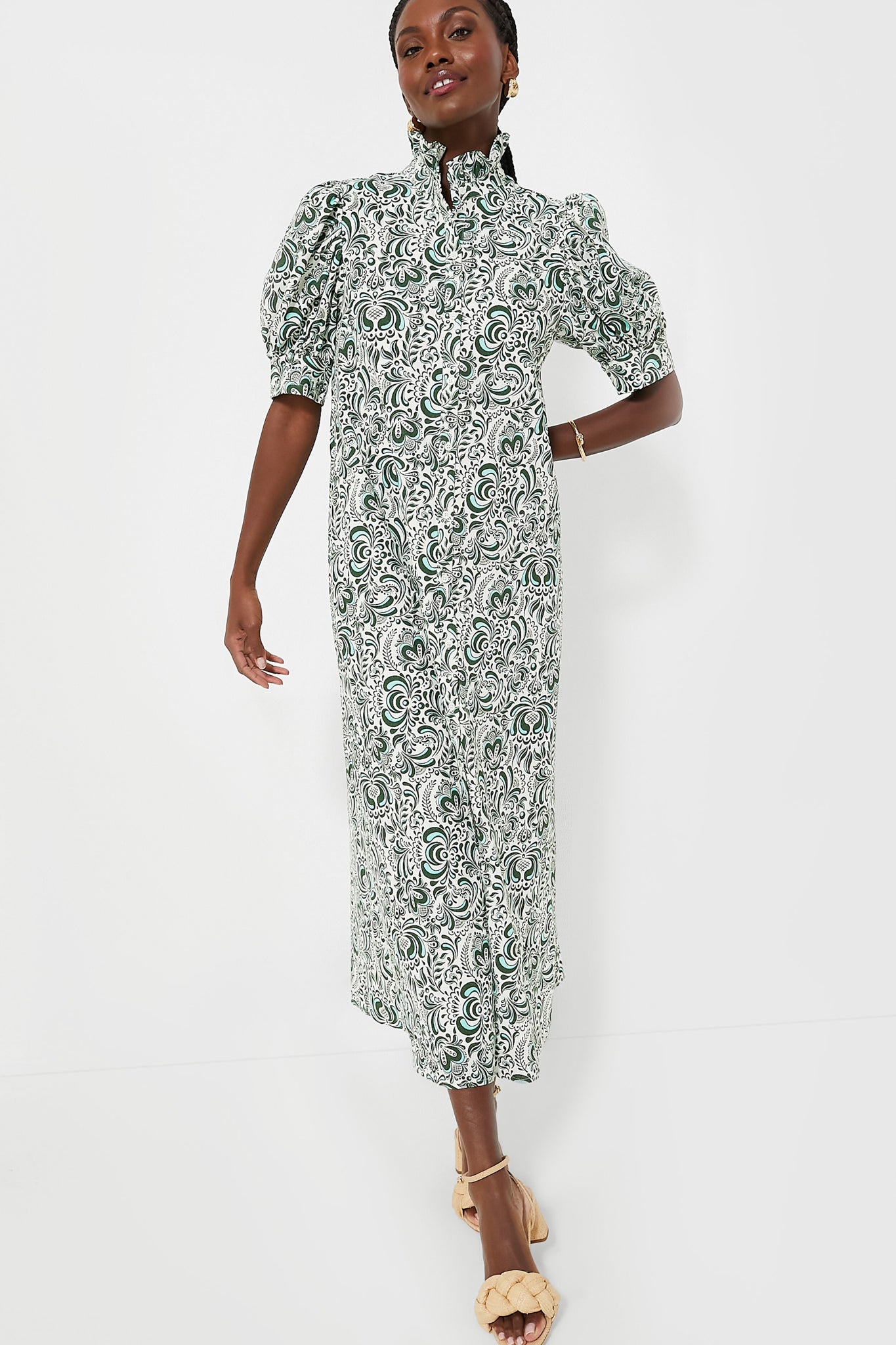 Green Floral Linen Ruffle Collar Louisa Maxi Dress-Beilave