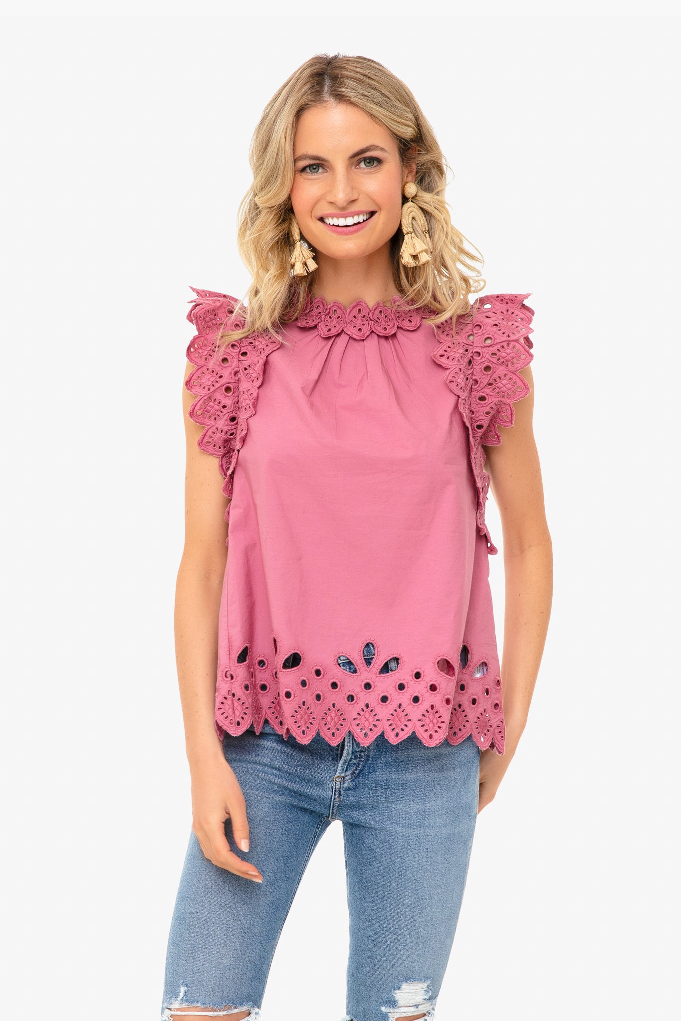 Rose Hazel Eyelet Flutter Sleeve Top-Beilave