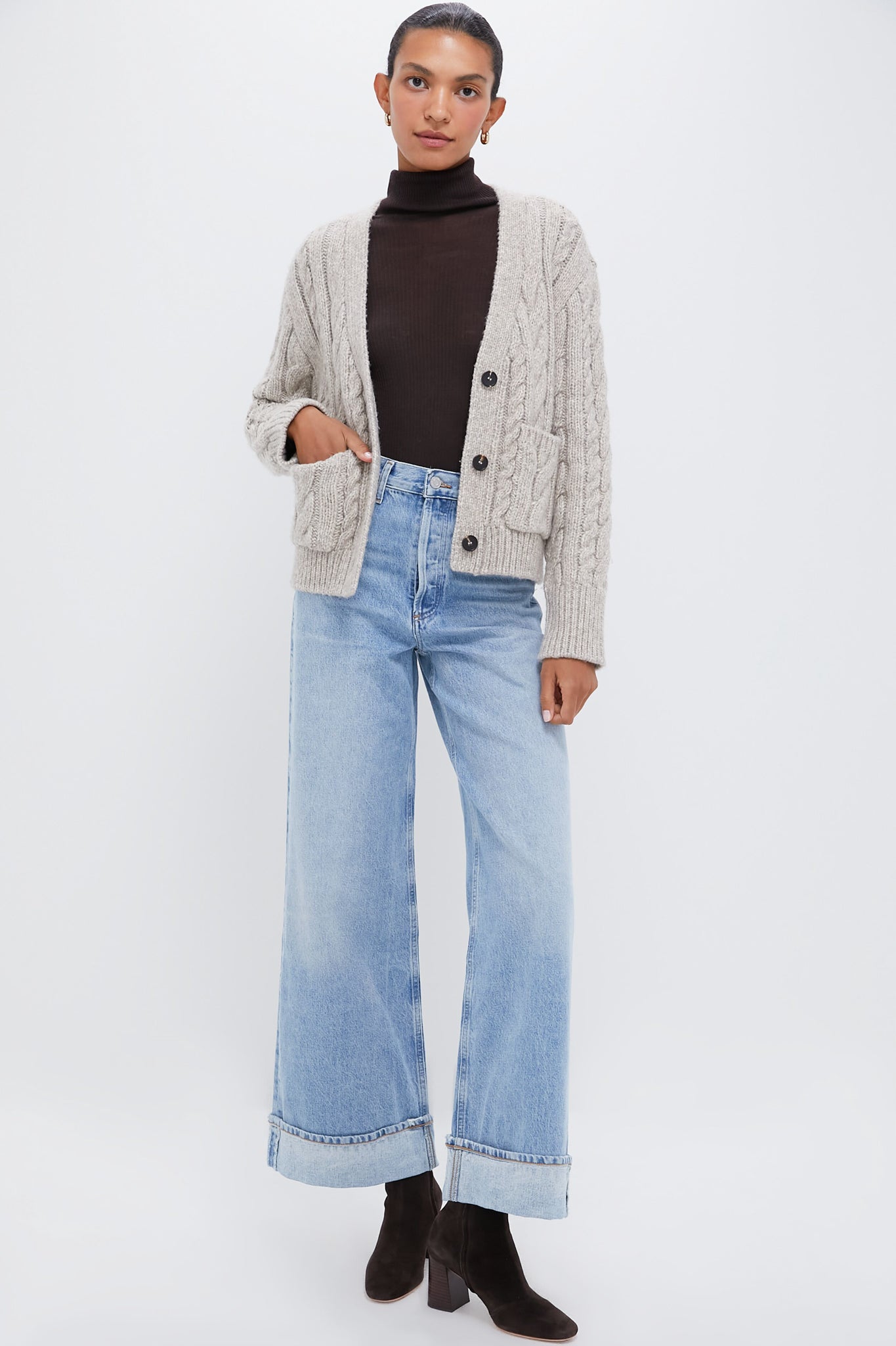 Gray Cable Knit Cropped Arthur Cardigan-Beilave