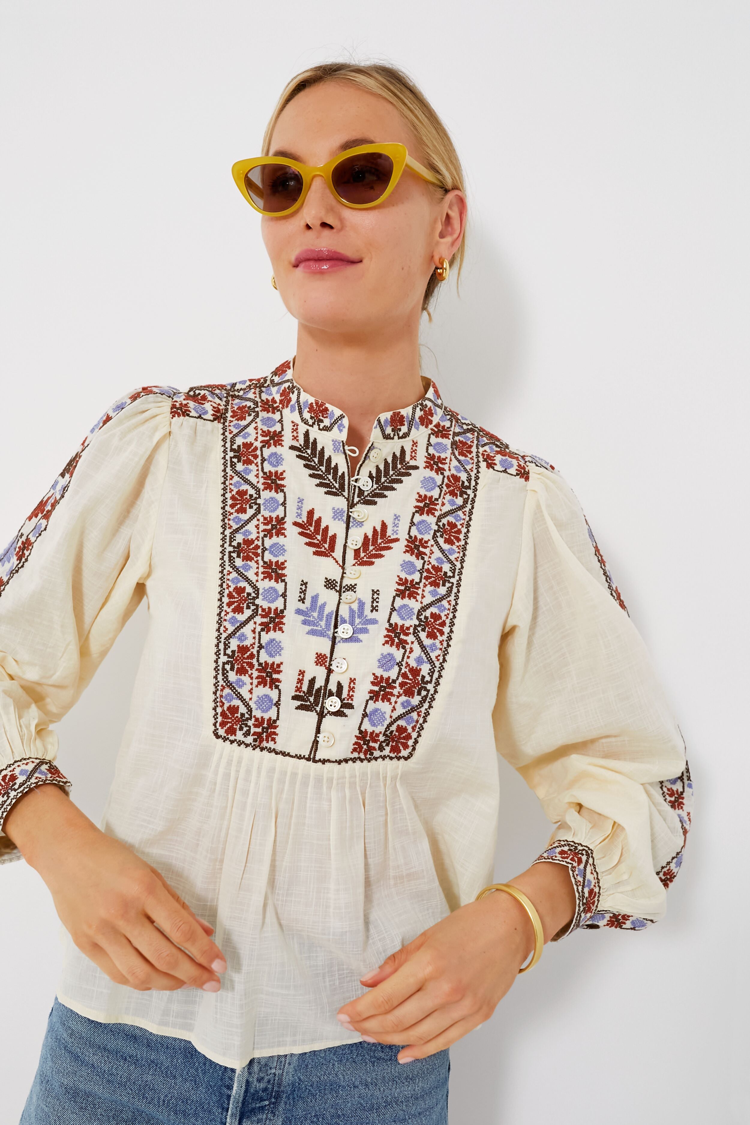 Cream Ellabeth Embroidered Long Sleeve Top-Beilave