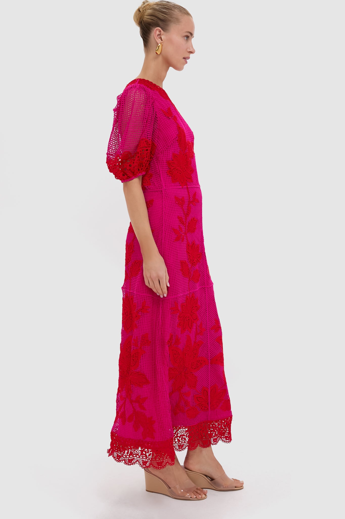Red Guipuire Bicolor One Shoulder Maxi Dress-Beilave