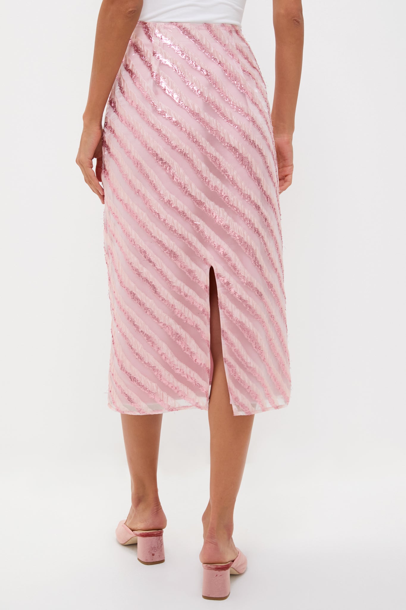 Soft Pink Shimmer Stripes Milan Midi Skirt-Beilave
