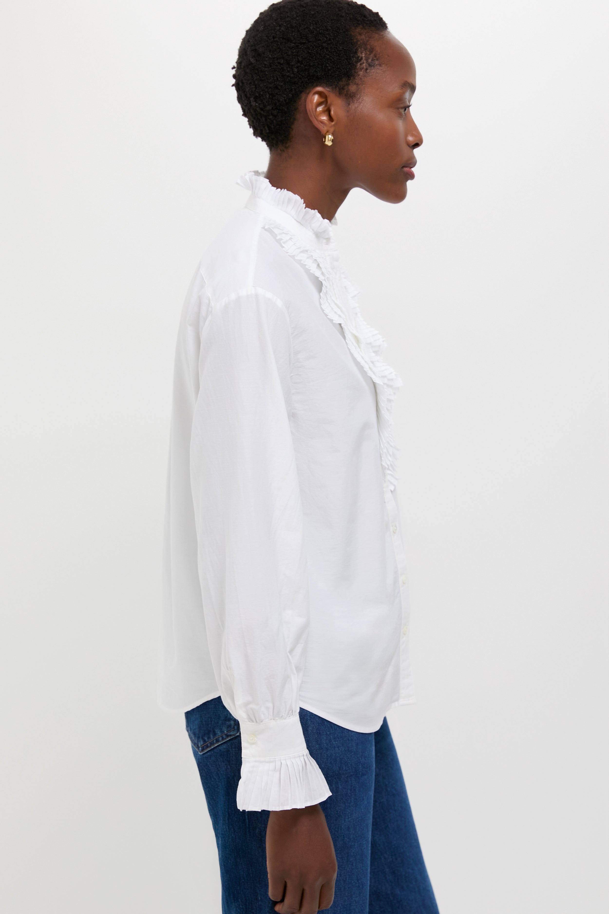 White Long Sleeve Band Collar Blouse-Beilave