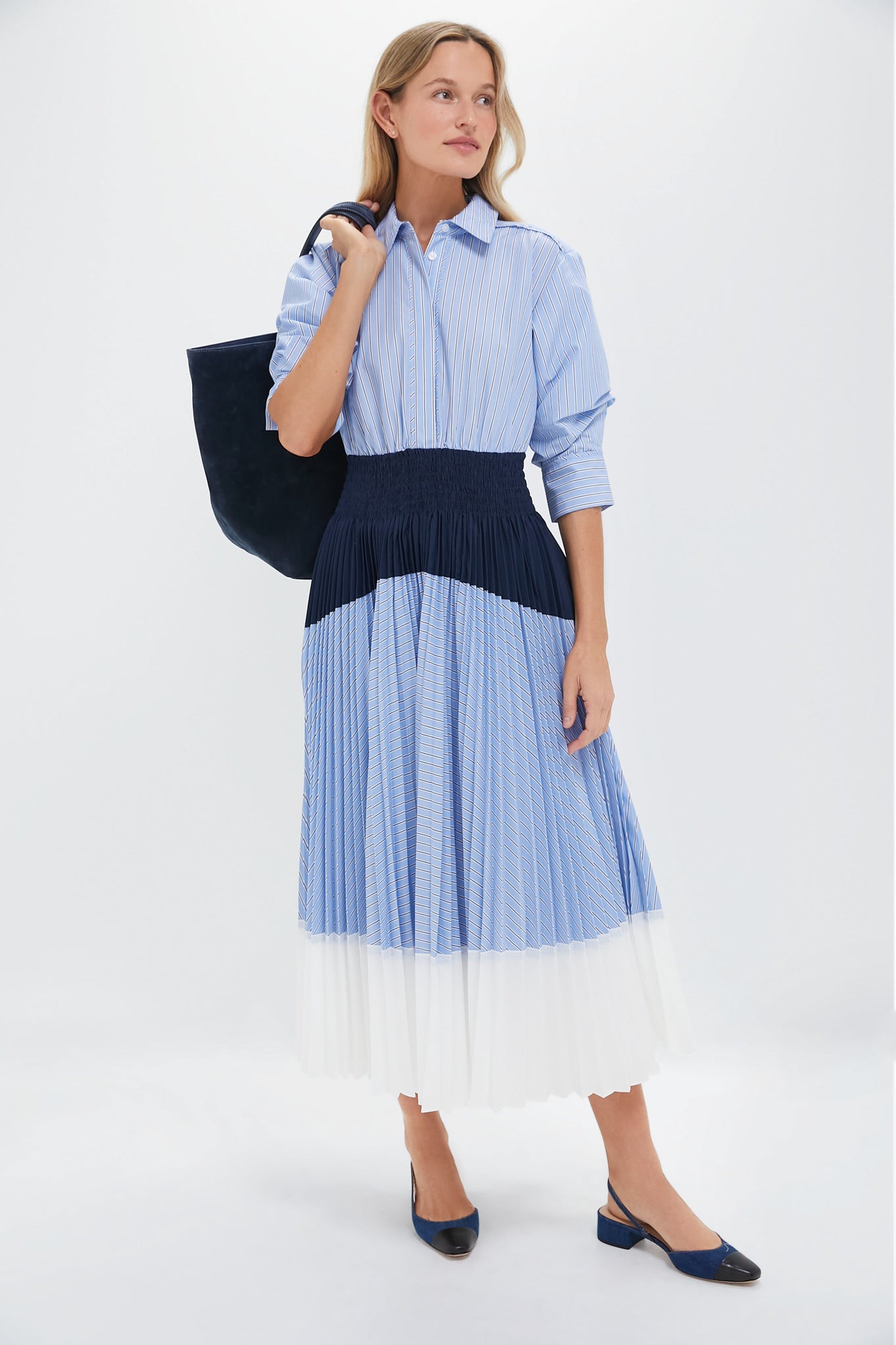 Harbor Blue Stripe Jenella Pleated Combo Dress-Beilave