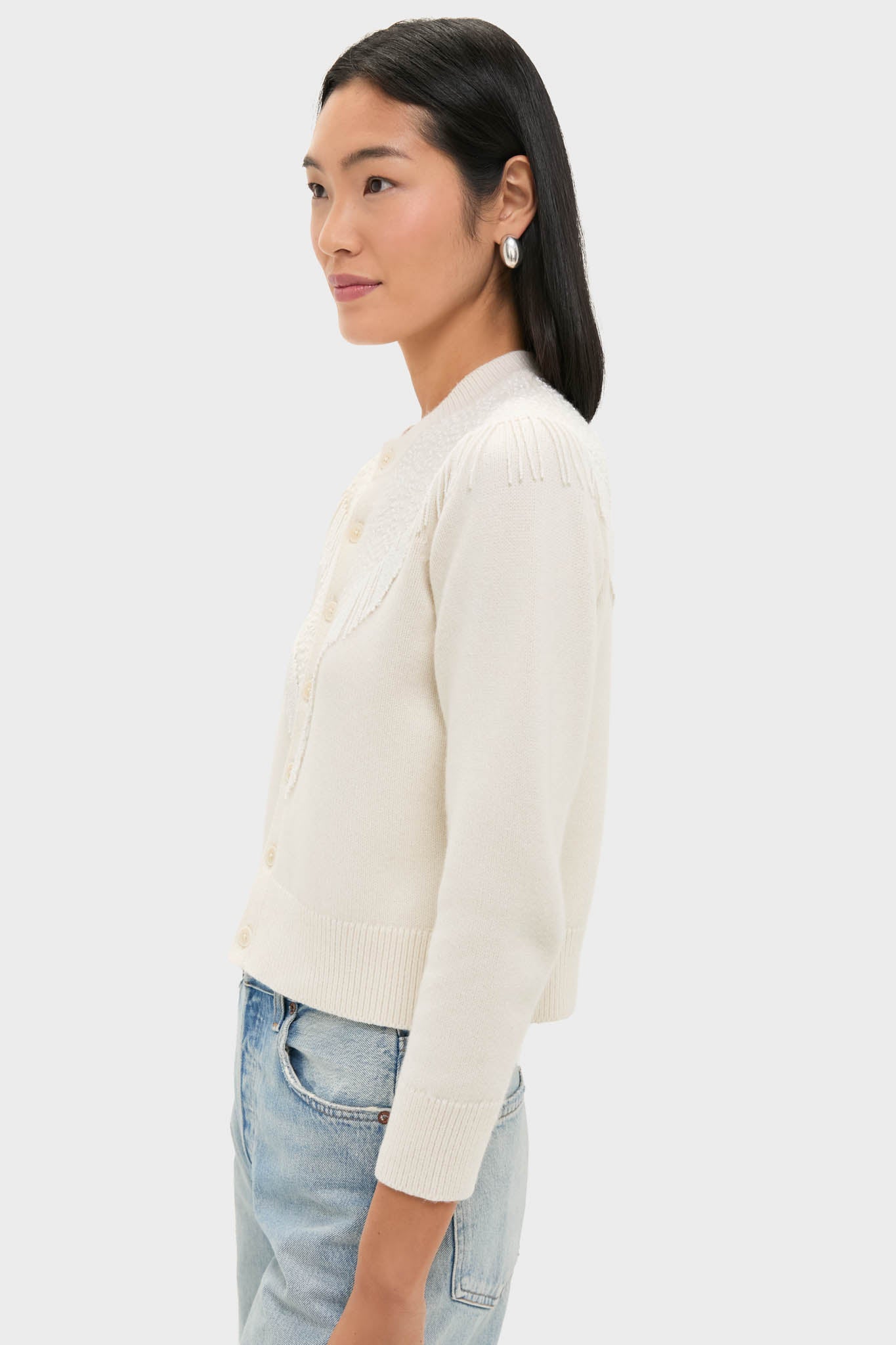 Cream Beaded Fringe Cardigan-Beilave