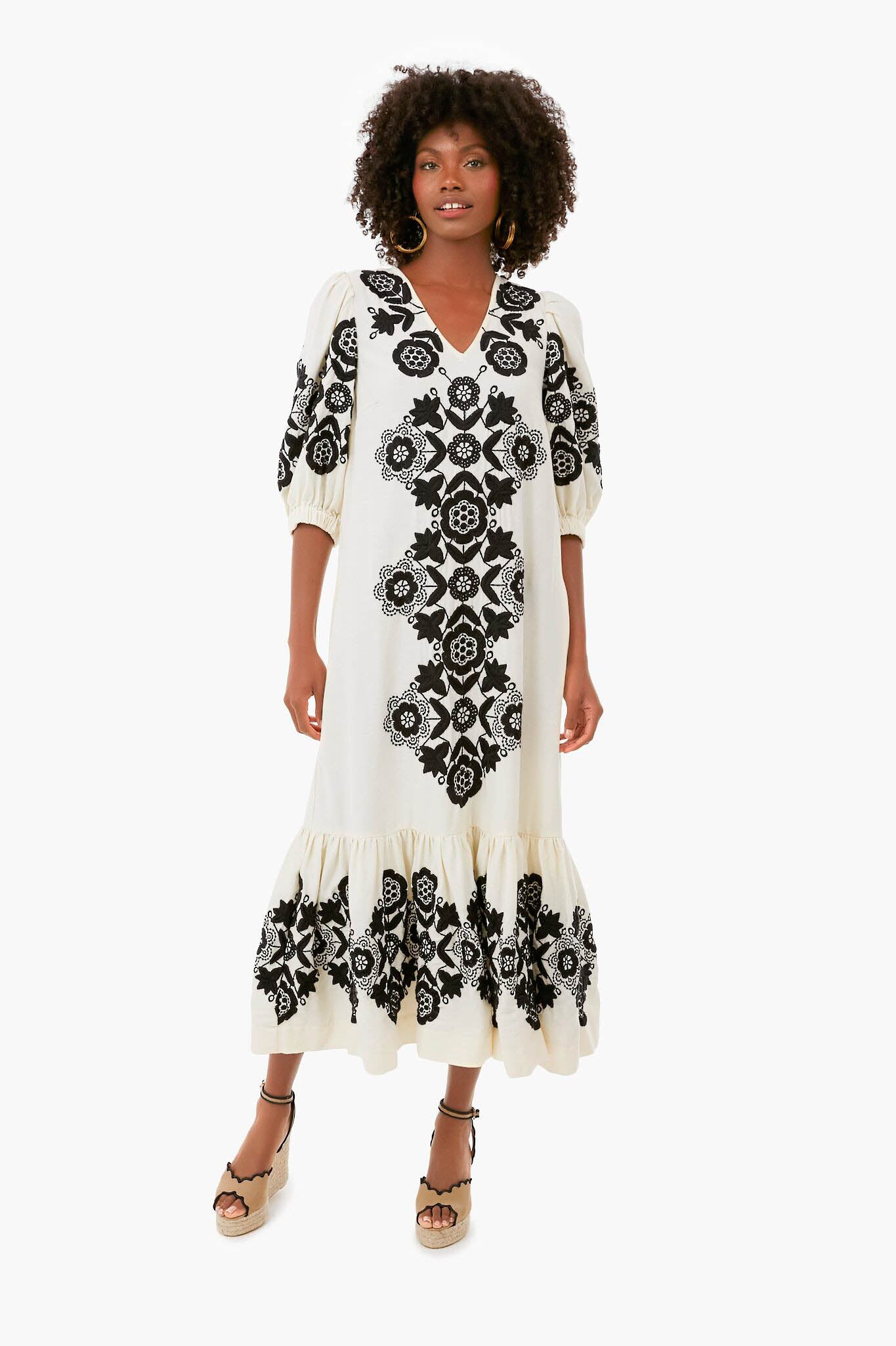 Cream Manuela Embroidered Puff Sleeve V-Neck Dress-Beilave