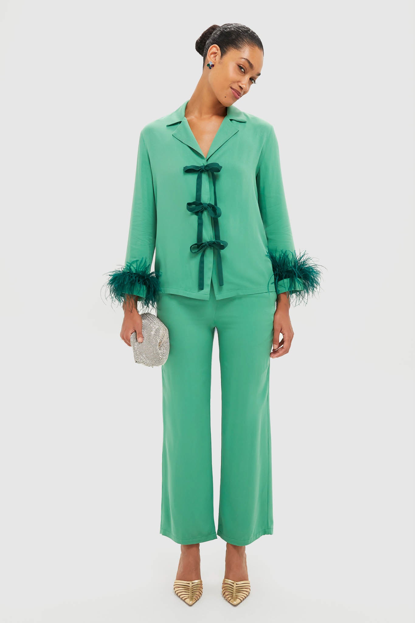 Green Bow Pajama Set with Detachable Feathers-Beilave