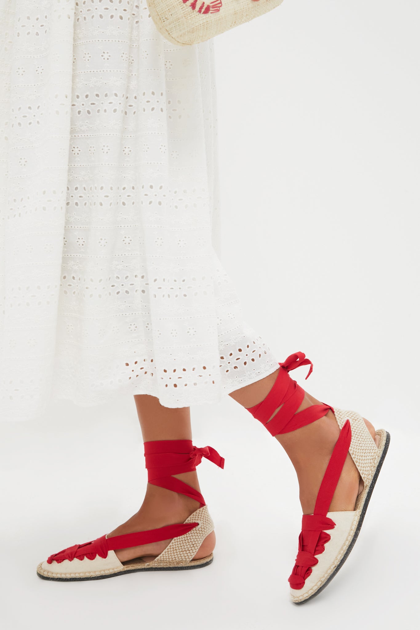 Red Lace-Up Natural Canvas Wilson Espadrilles-Beilave