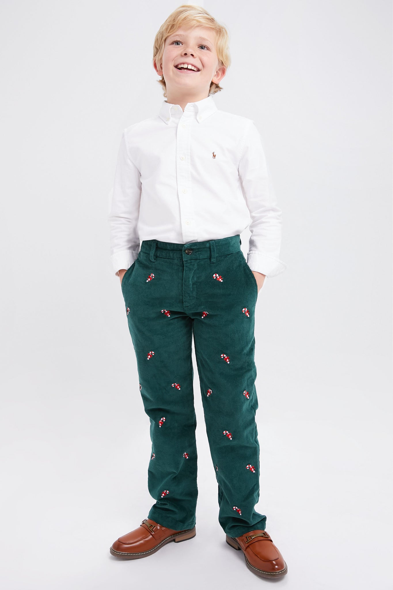 Hunter Green Candy Cane Embroidered Boys Corduroy Pants-Beilave