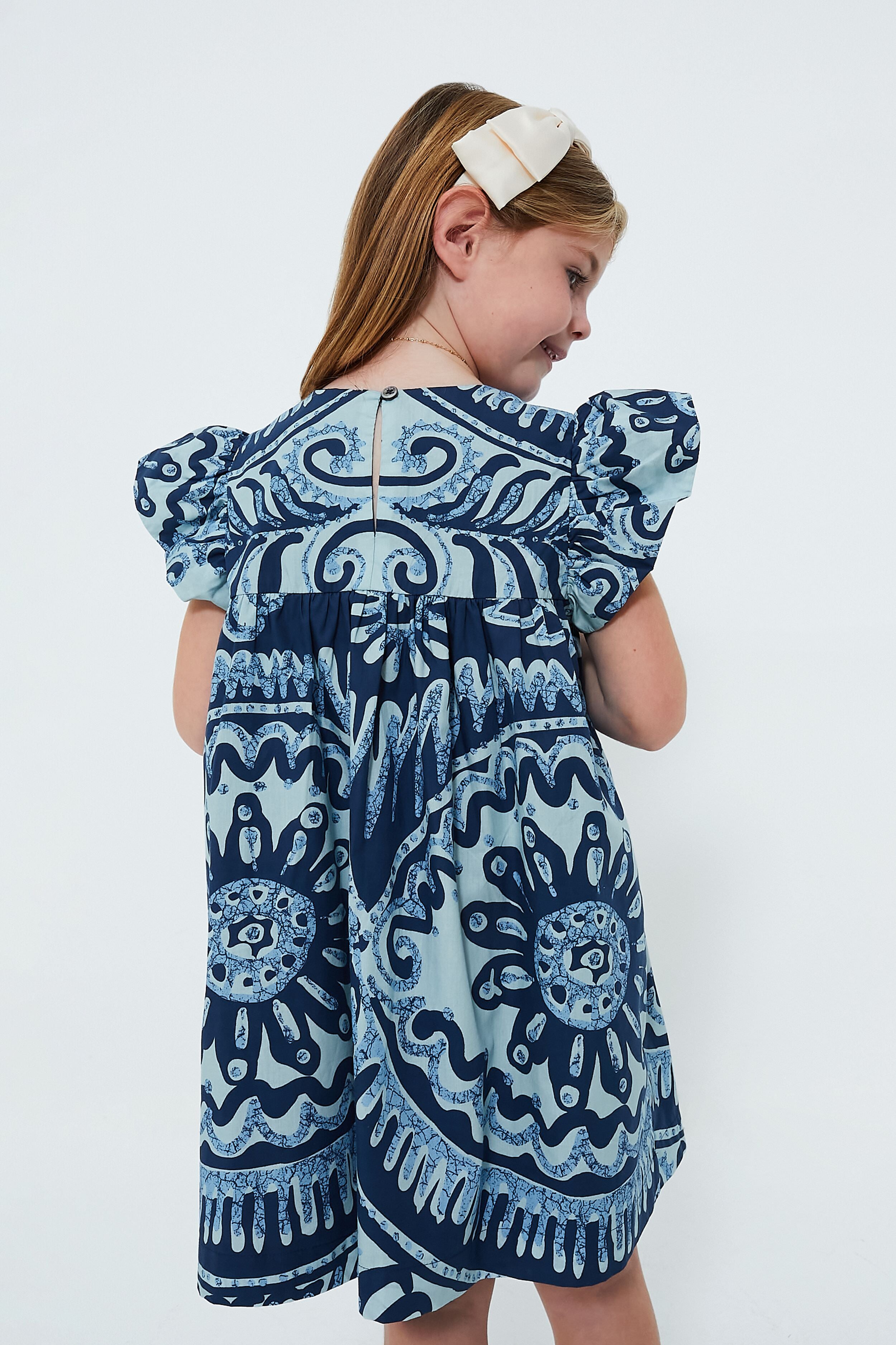 Exclusive Blue Charlough Print Flutter Sleeve Dress-Beilave