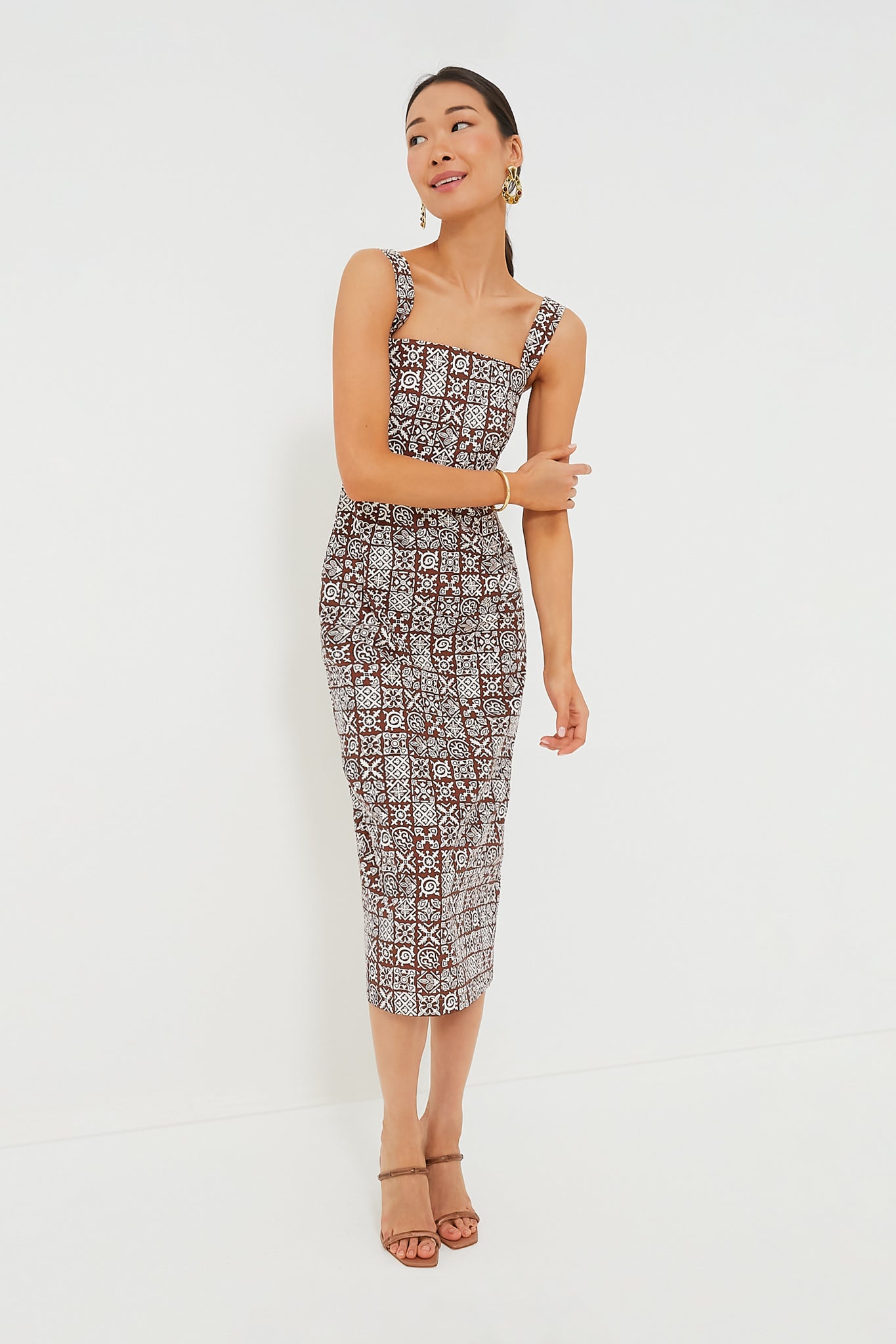 Brown with White Checkerboard Long Slip Dress-Beilave