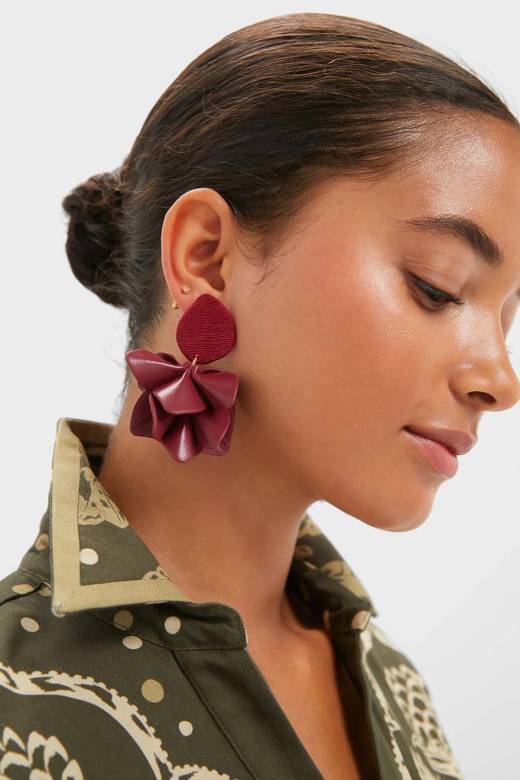 Oxblood Silk and Leather Orchid Earrings-Beilave