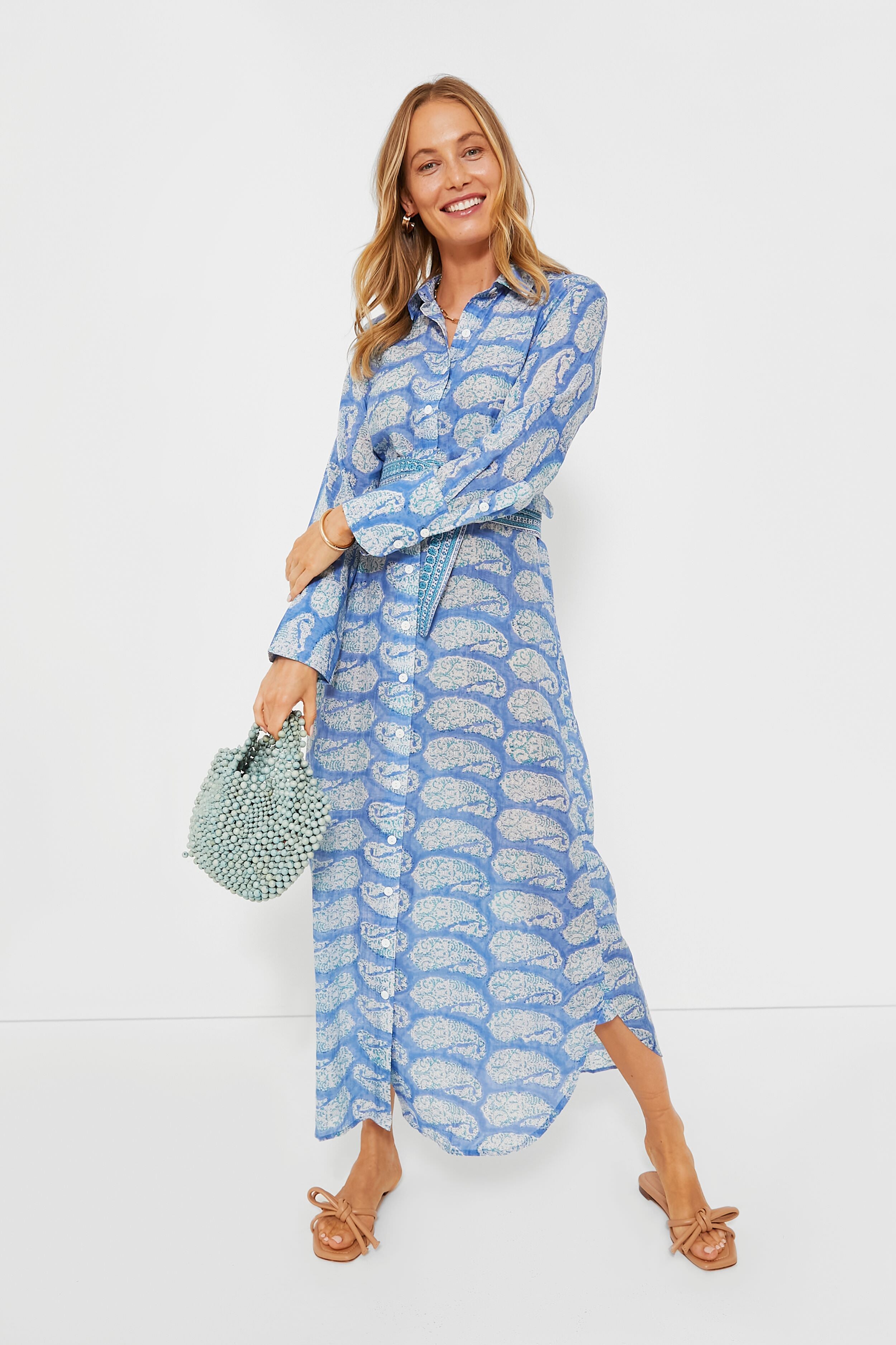 Blue Turq Paisley Oversized Maxi Shirt Dress-Beilave