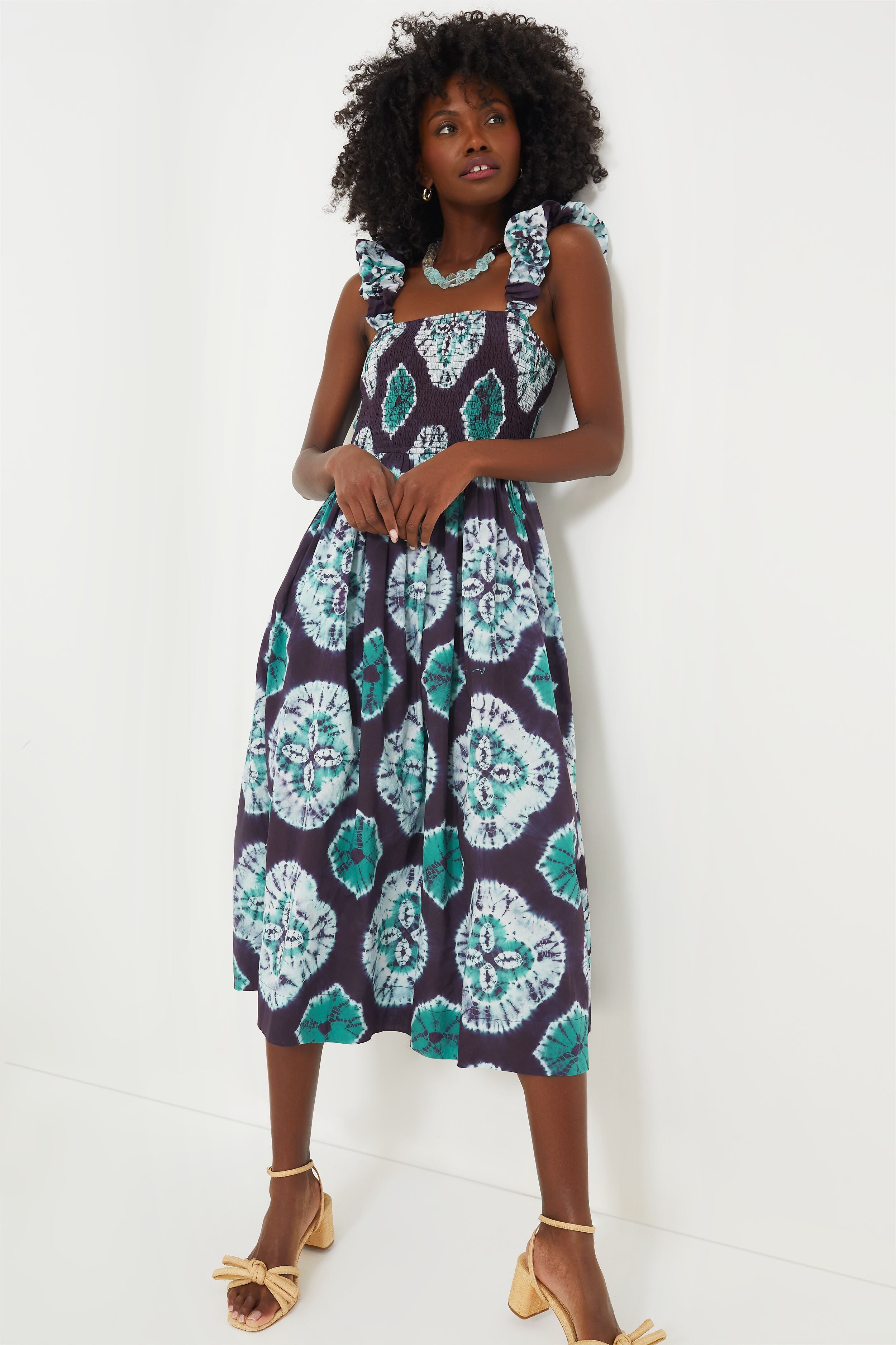 Teal Aveline Tie Dye Print Sleeveless Smocked Dress-Beilave