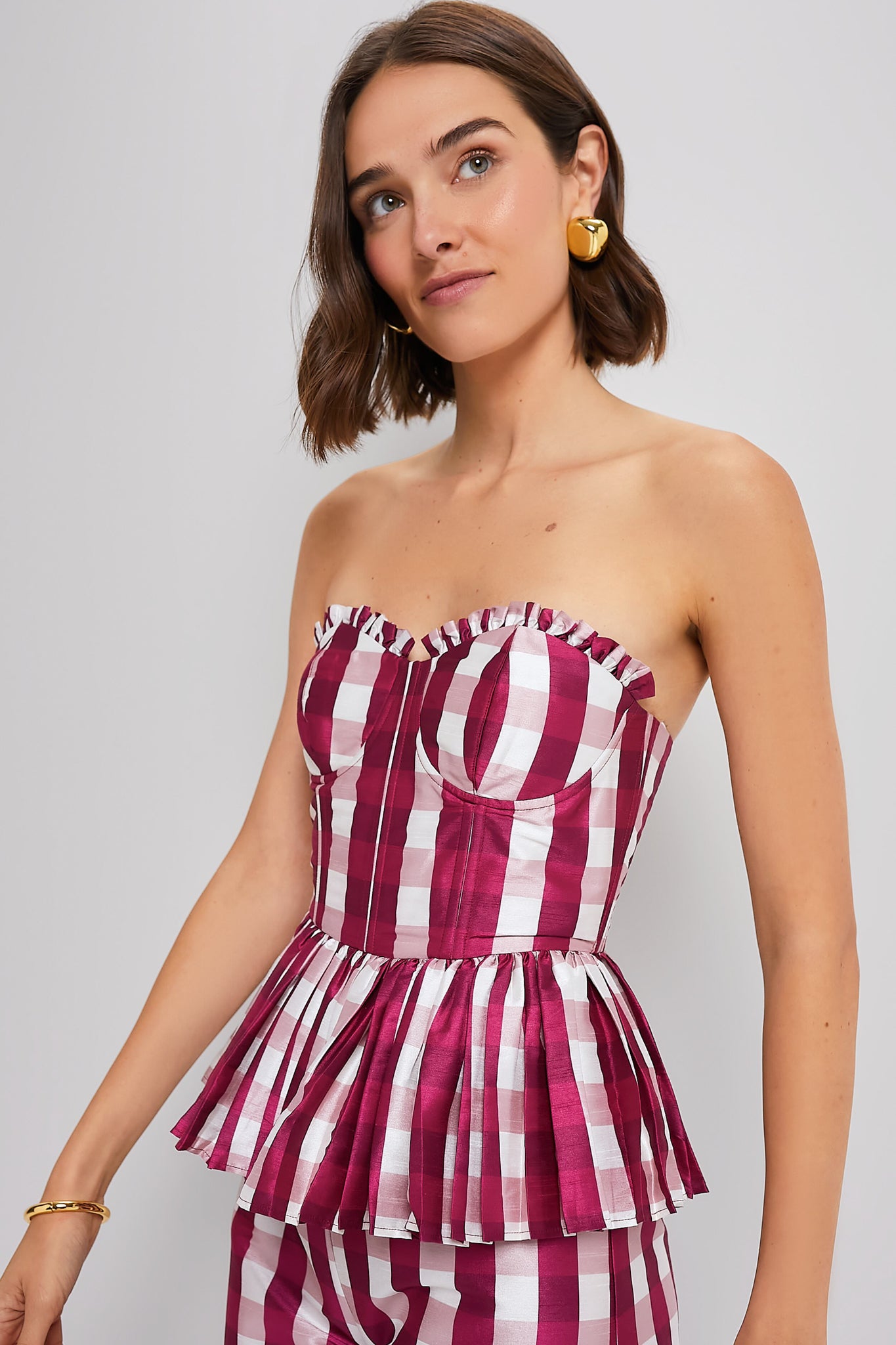 Wine Gingham Charlotte Bustier with Three Way Sleeve-Beilave