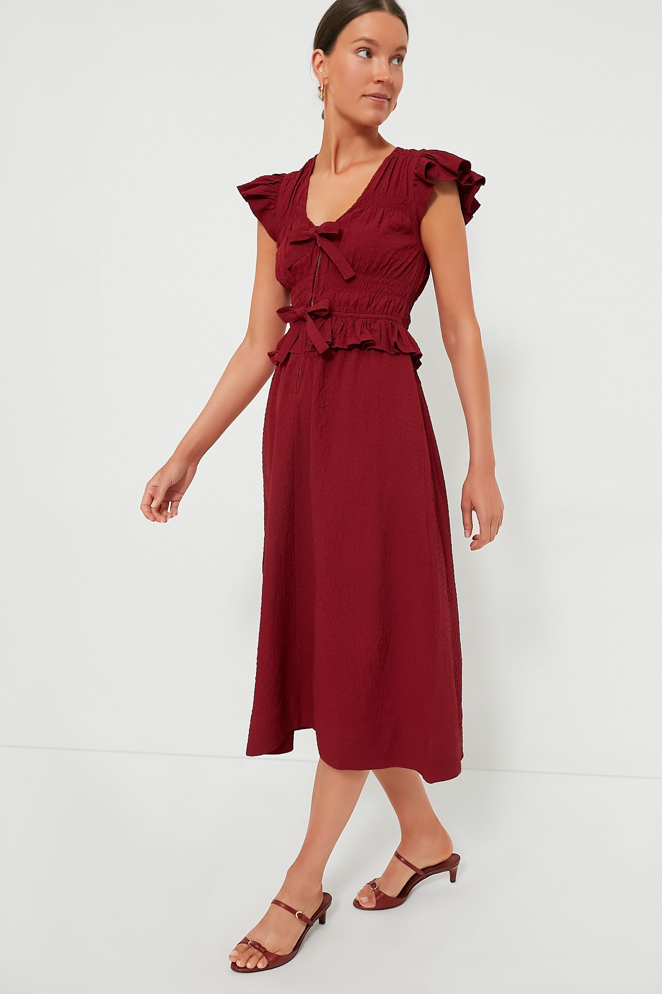 Red Regina Seersucker Flutter Sleeve Dress-Beilave