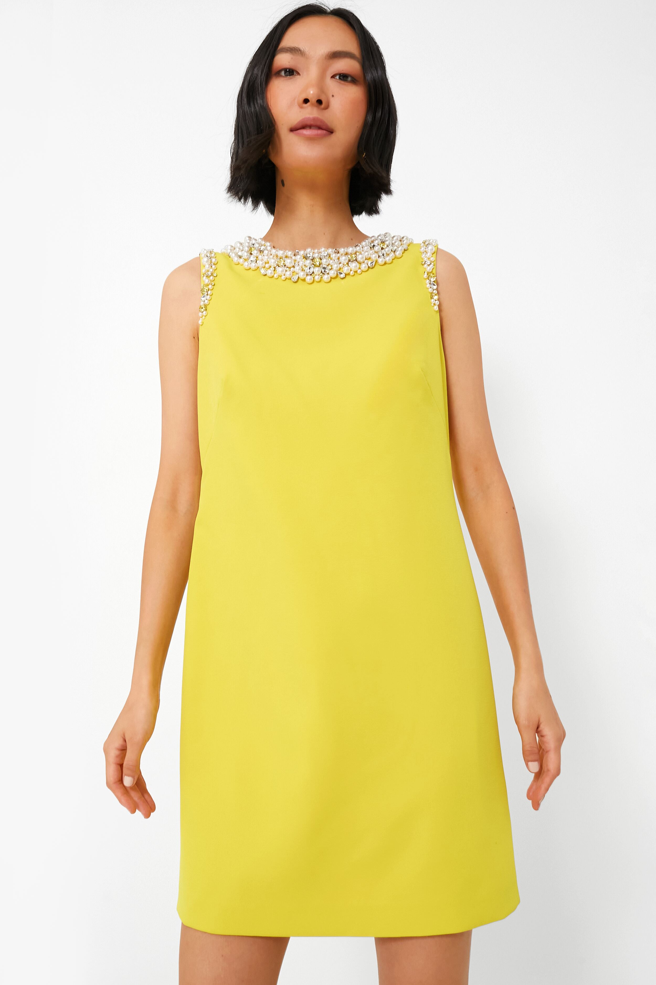 Chartreuse Jeweled Crepe Shift Dress-Beilave