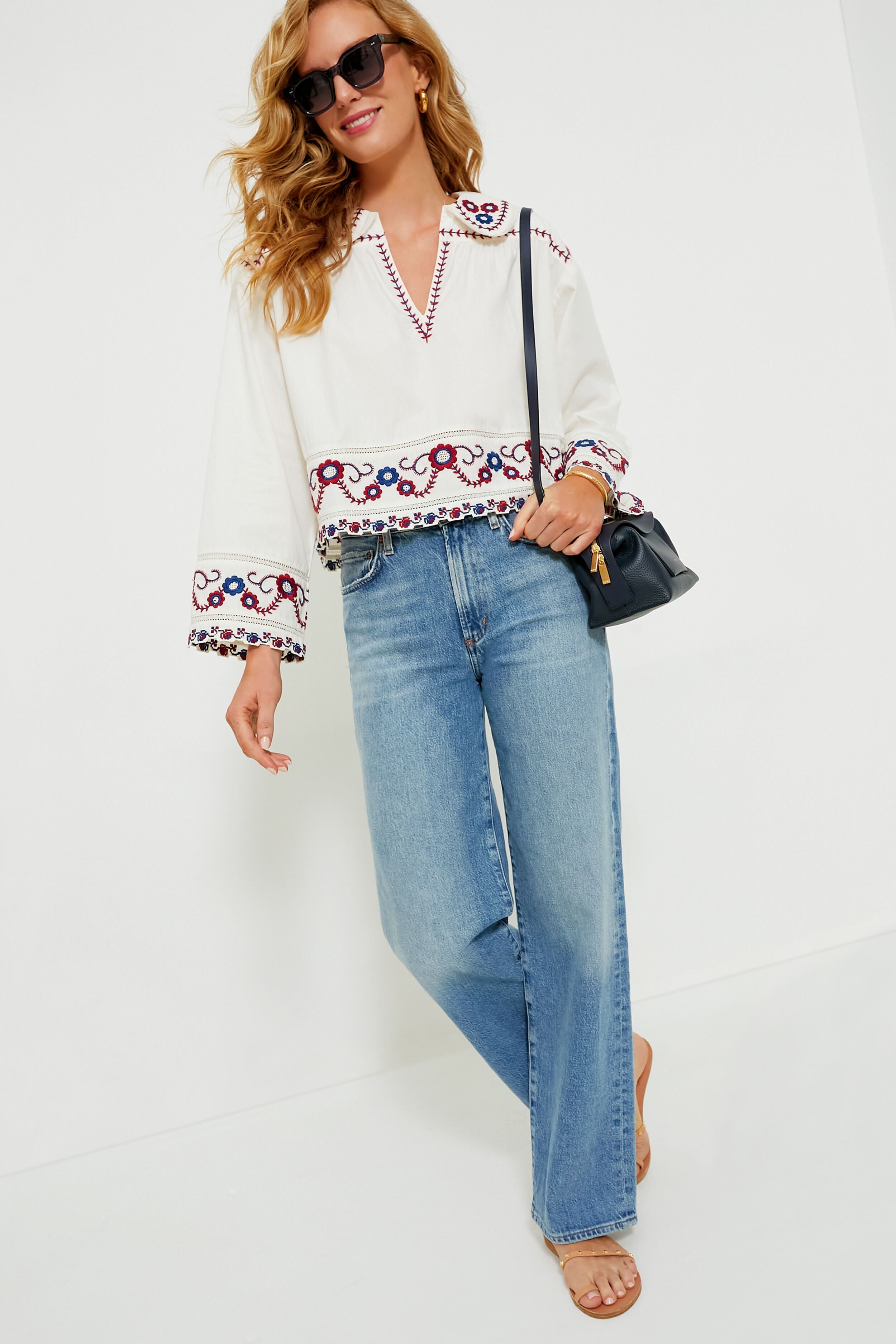 Cream Multi Soren Embroidery Long Sleeve Top-Beilave