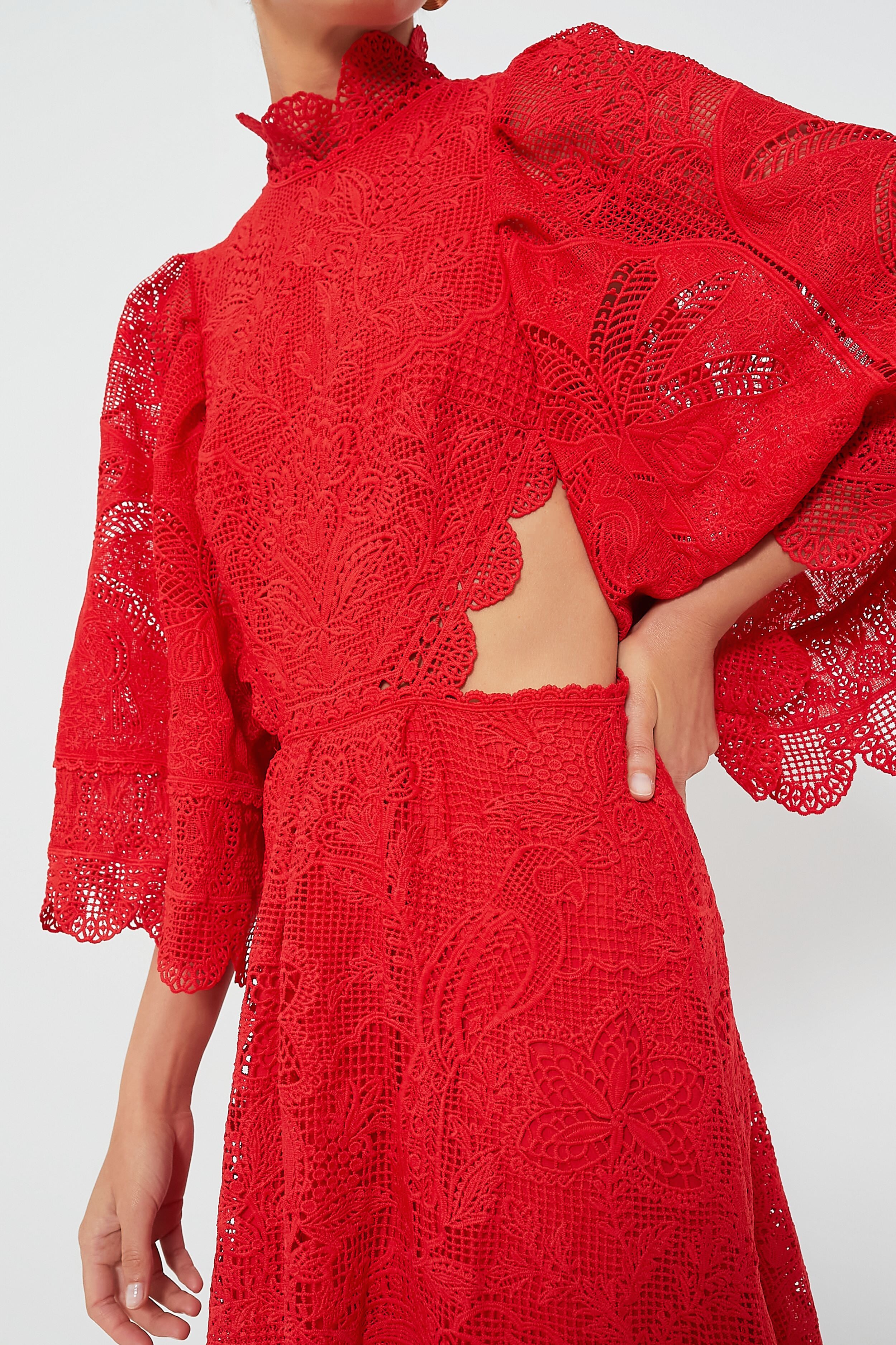 Red Guipure Cut Out Midi Dress-Beilave