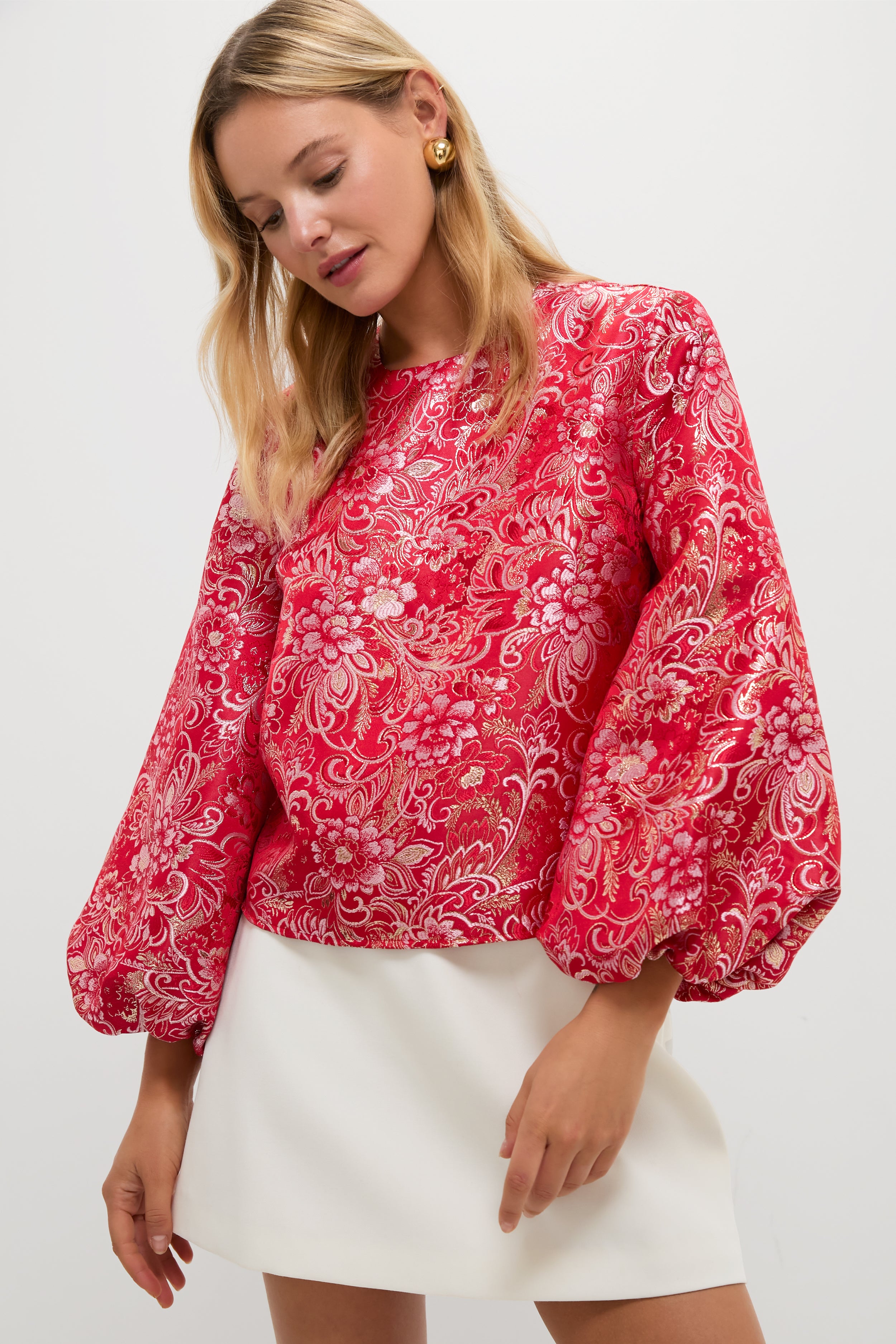 Red & Pink Jacquard Janie Blouse-Beilave