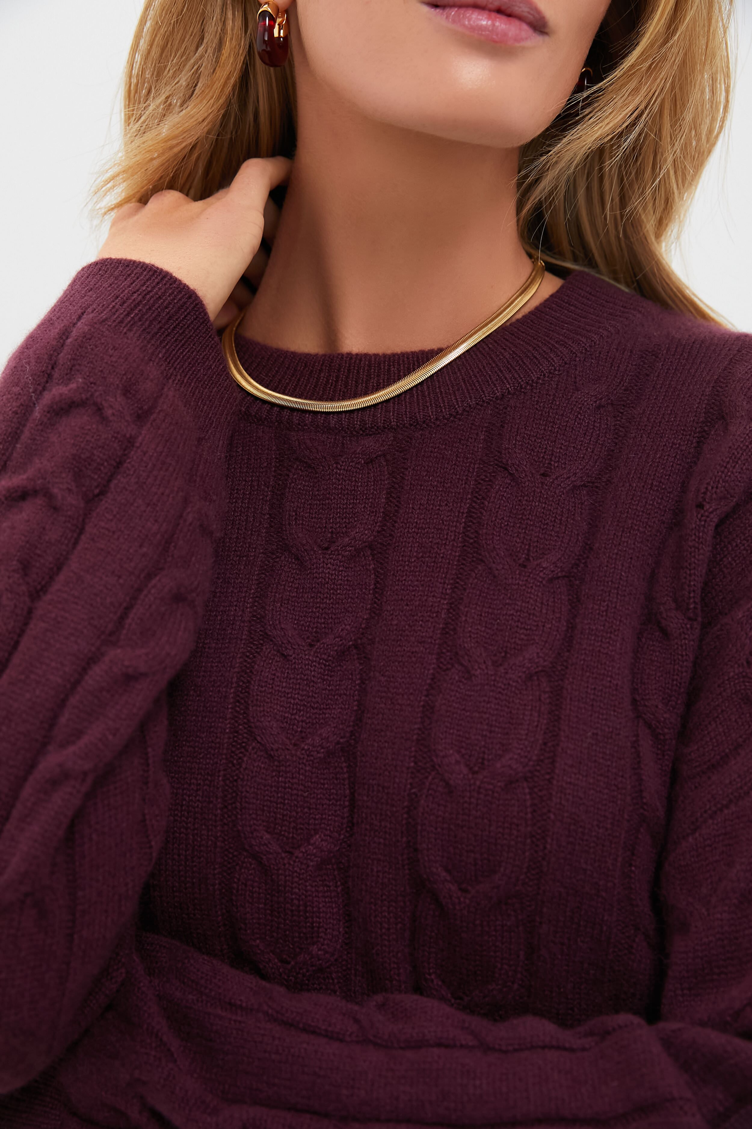 Oxblood Cashmere Eloise Cable Knit Boyfriend Crewneck-Beilave