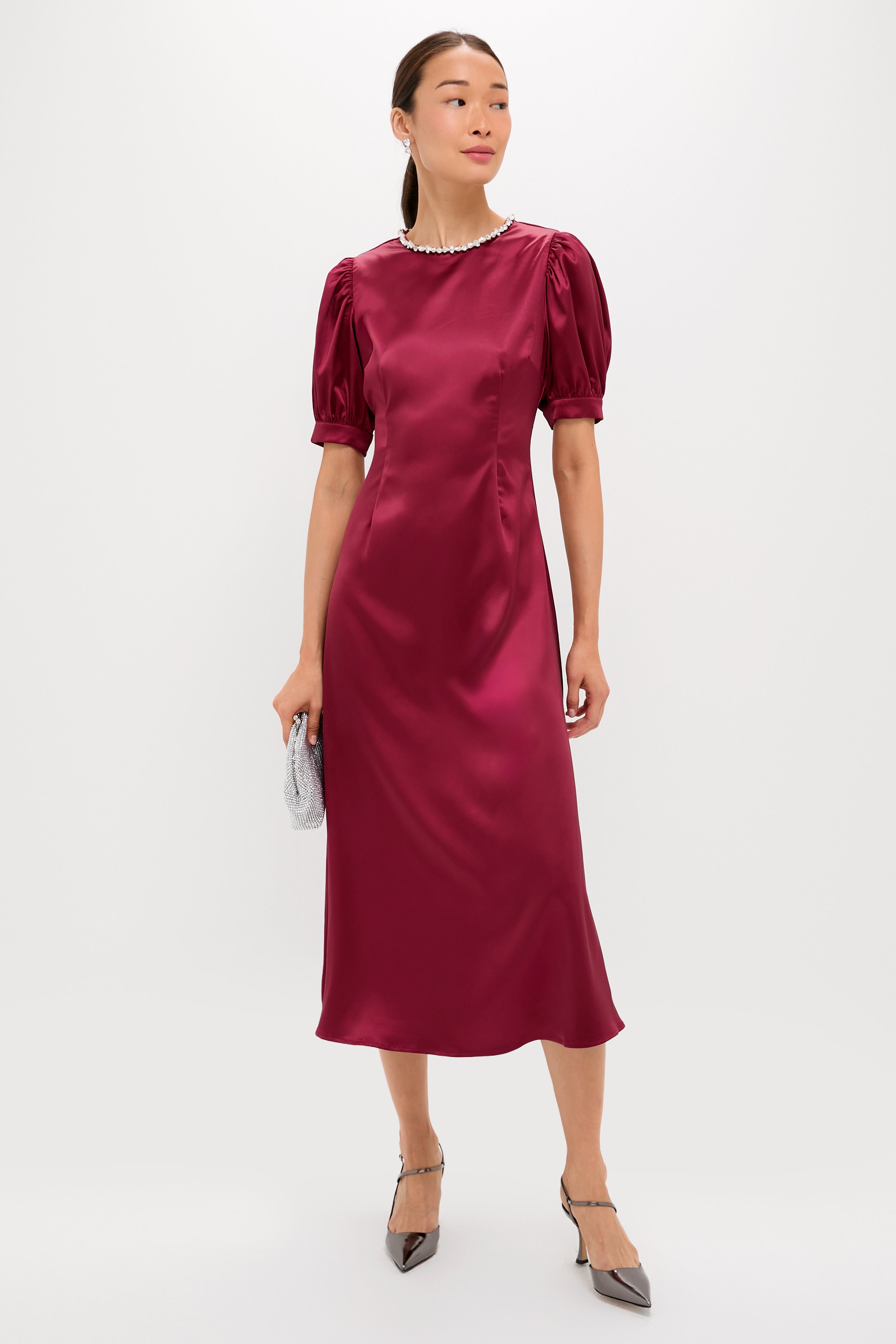 Oxblood Embellished Sappho Midi Dress-Beilave