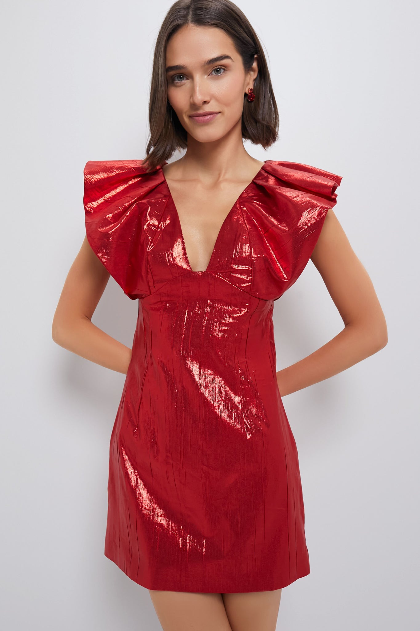 Red Metallic Plisse Tanya Mini Dress-Beilave
