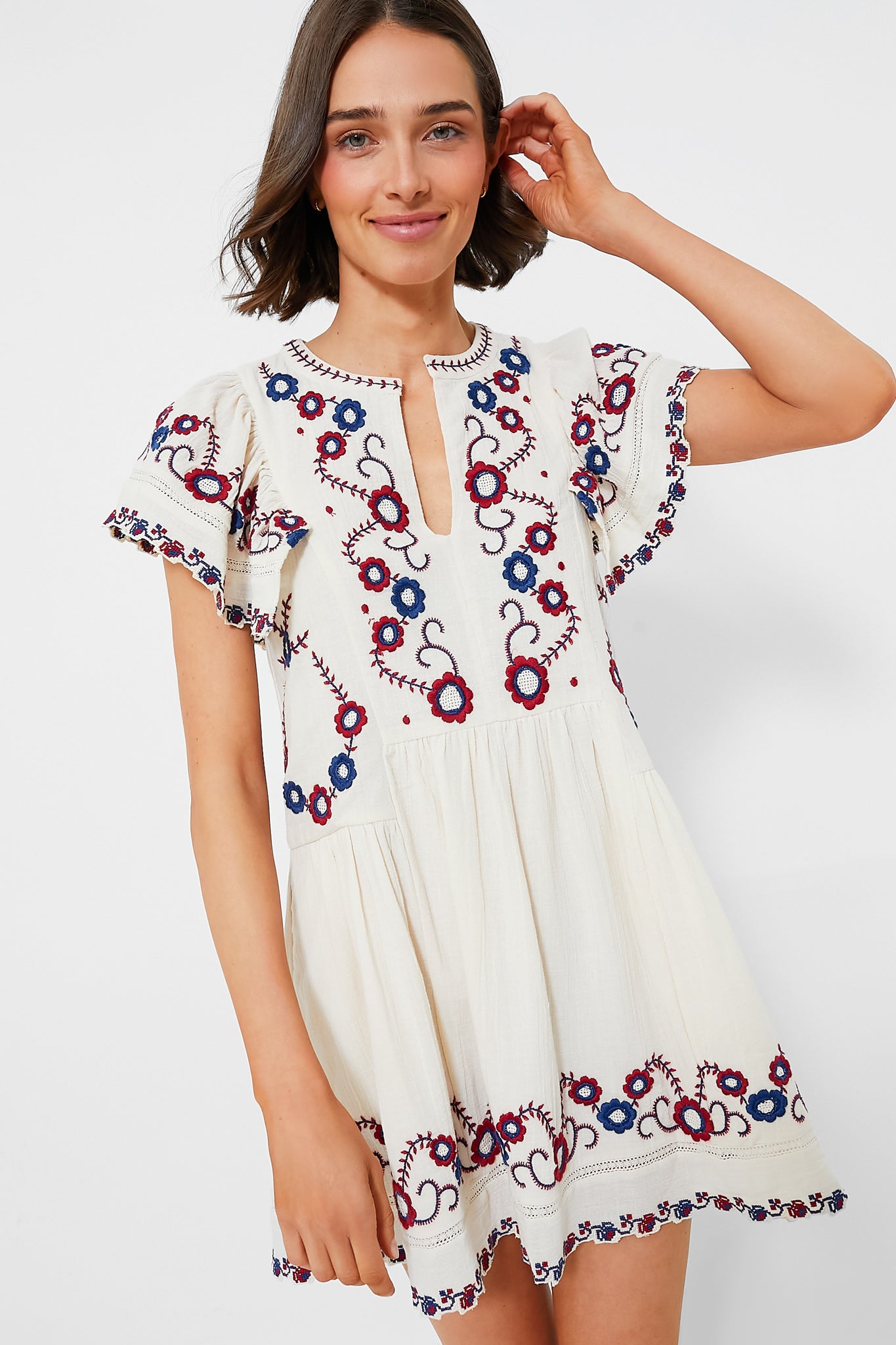 Cream Multi Soren Embroidery Short Sleeve Dress-Beilave