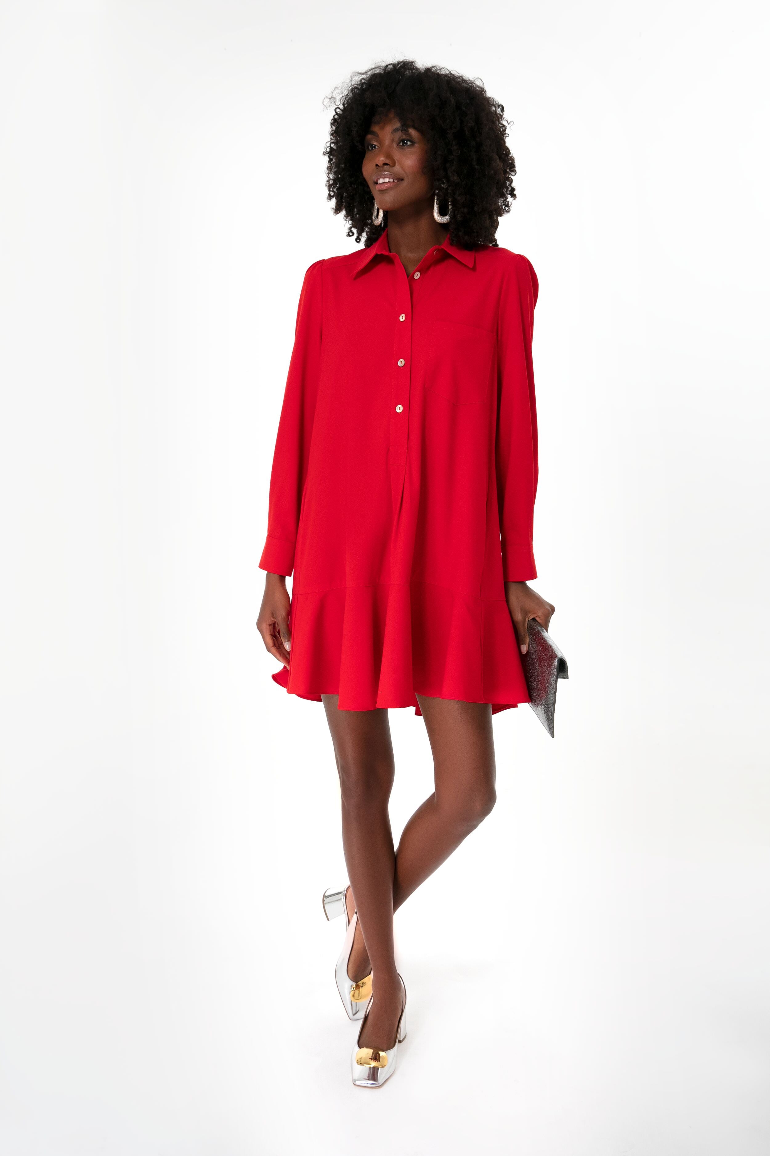 Red Crepe Callahan Shirt Dress-Beilave