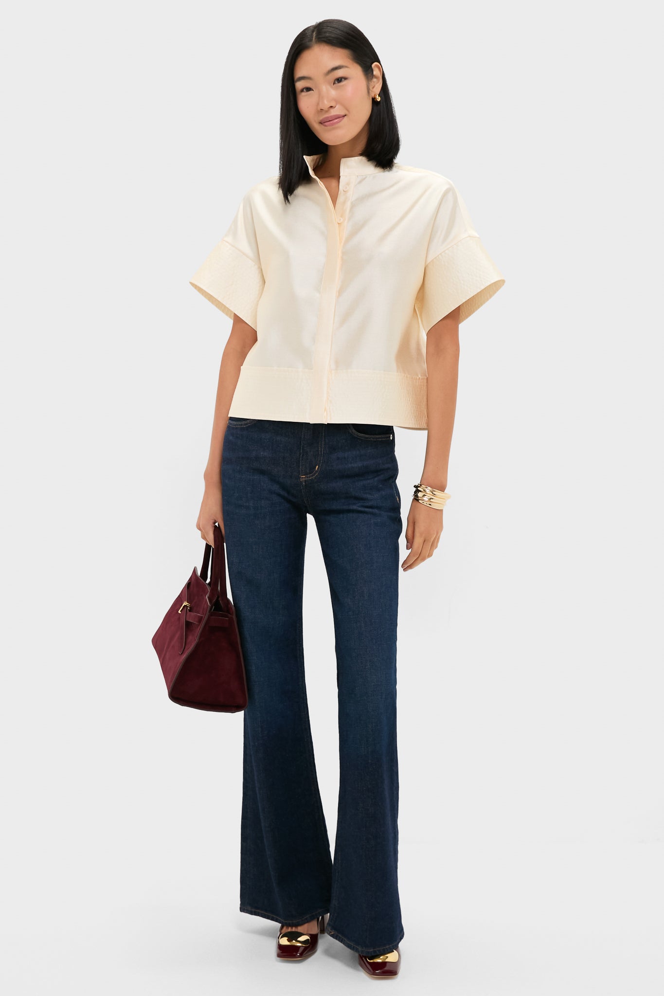 Winter White Dupioni Trapunto Stitch Sofia Shirt-Beilave