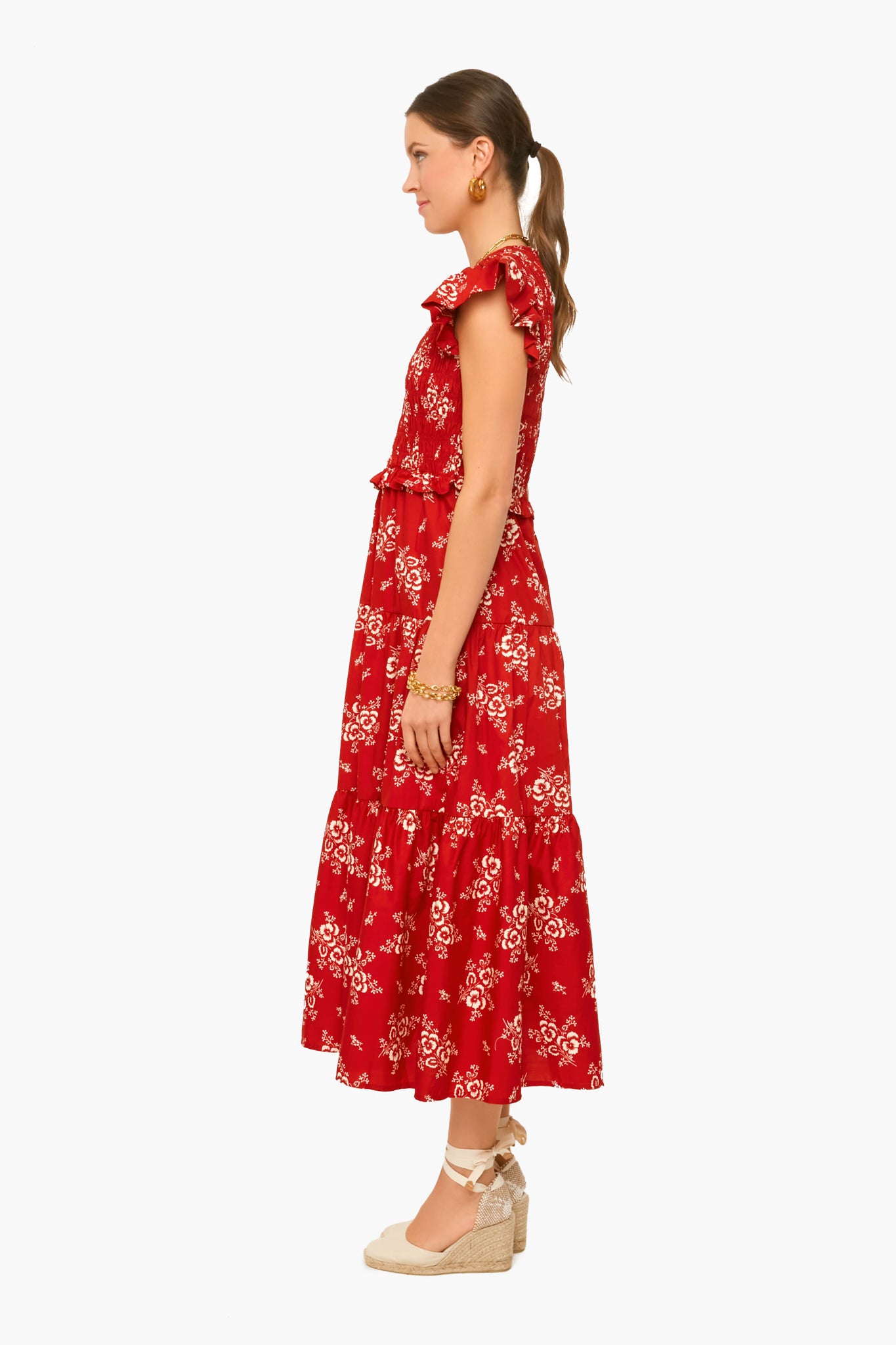 Exclusive Red Alessia Print Smocked Tiered Midi Dress-Beilave