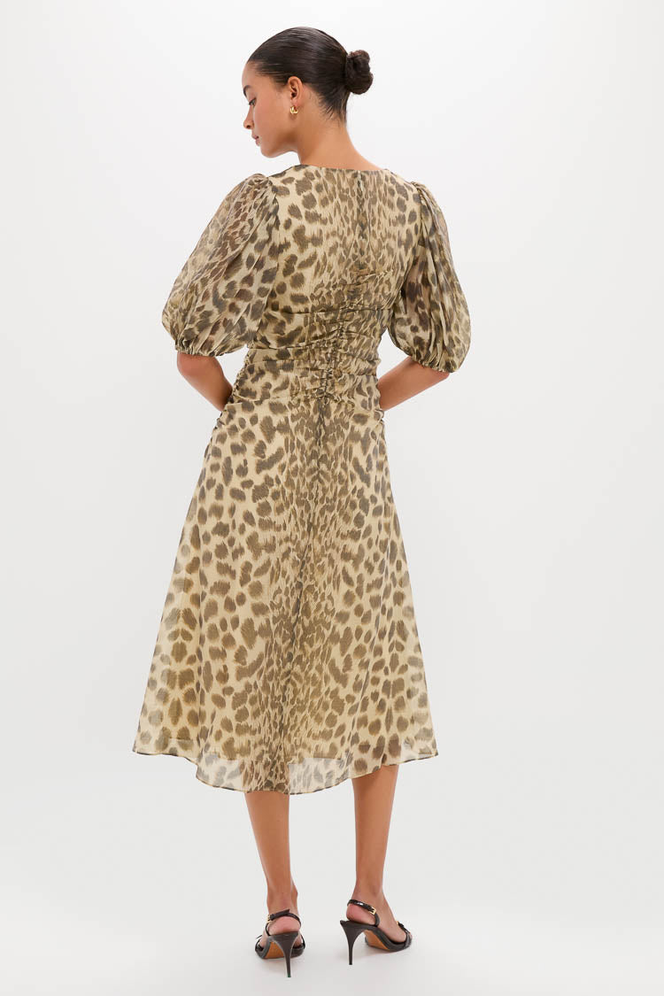 Cream Claude Print Puff Sleeve Midi Dress-Beilave