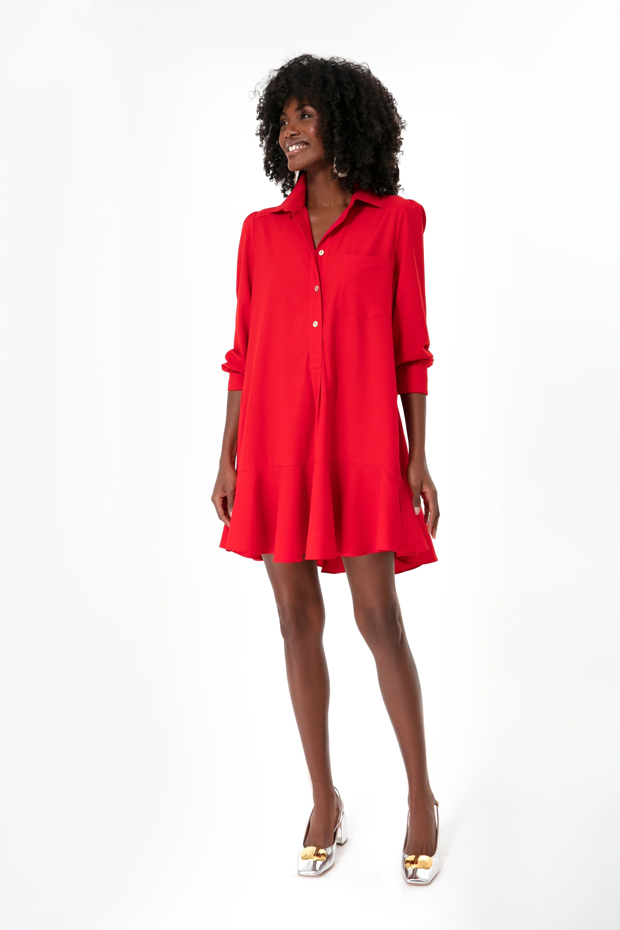 Red Crepe Callahan Shirt Dress-Beilave