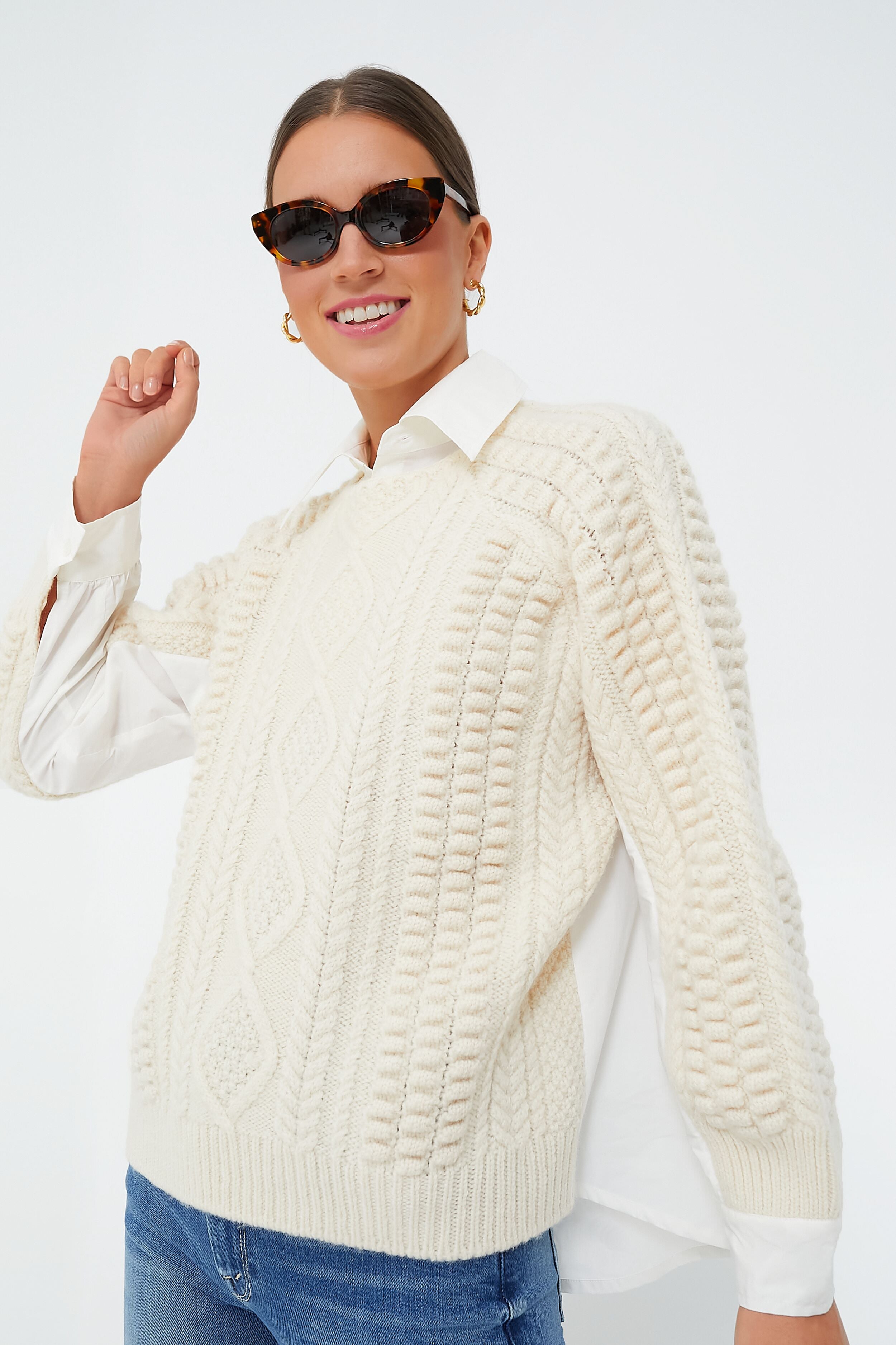 Cream Leni Fisherman Cable Long Sleeve Combo Sweater-Beilave