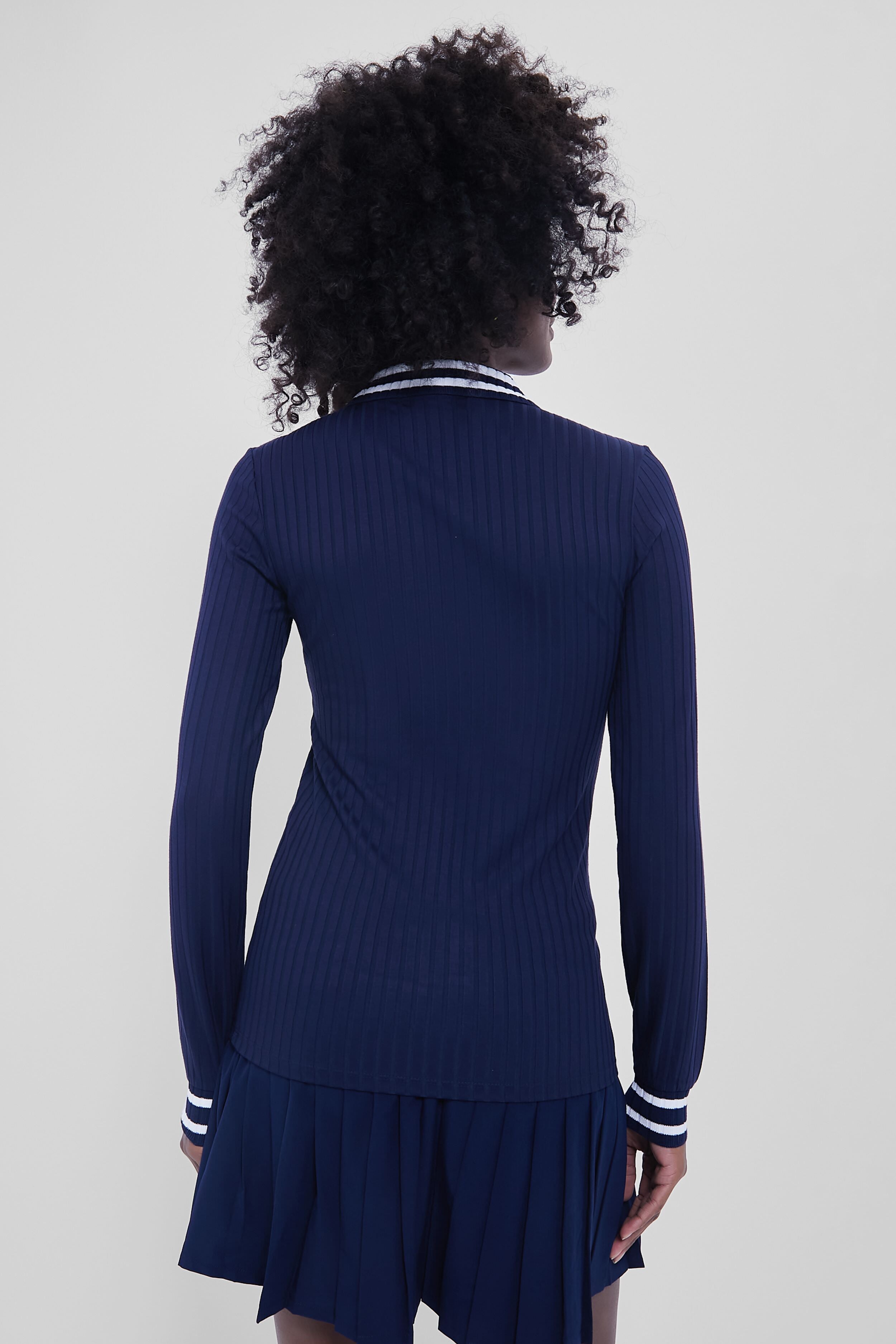 Refined Navy Long Sleeve Drop Needle Rib Knit Polo-Beilave