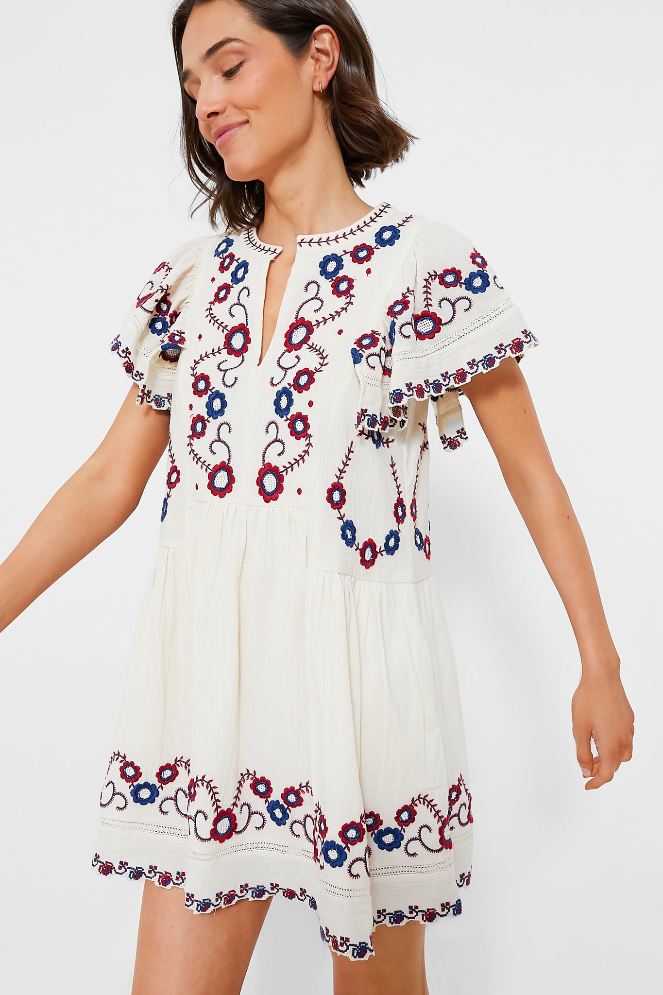 Cream Multi Soren Embroidery Short Sleeve Dress-Beilave