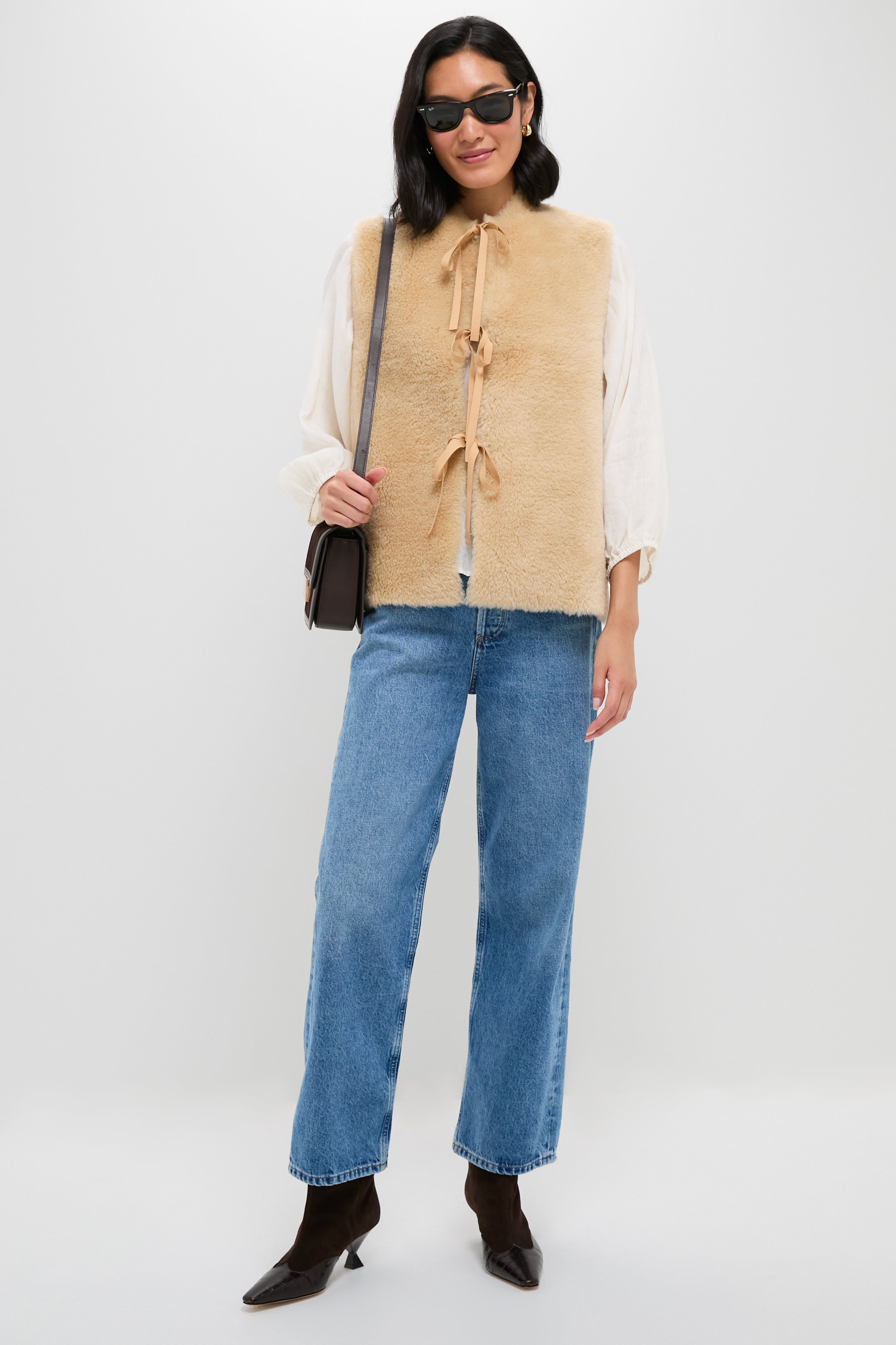 Cream Elliot Shearling Tie-Front Vest-Beilave