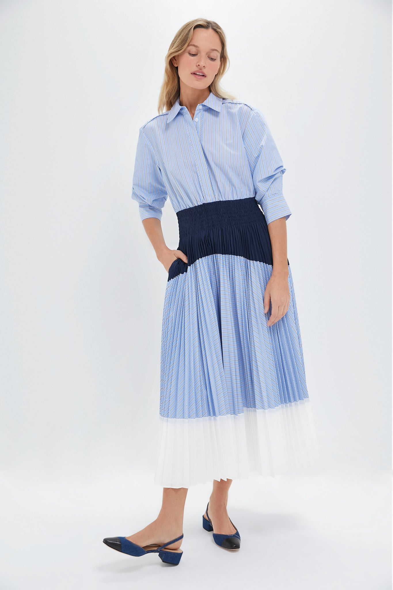 Harbor Blue Stripe Jenella Pleated Combo Dress-Beilave
