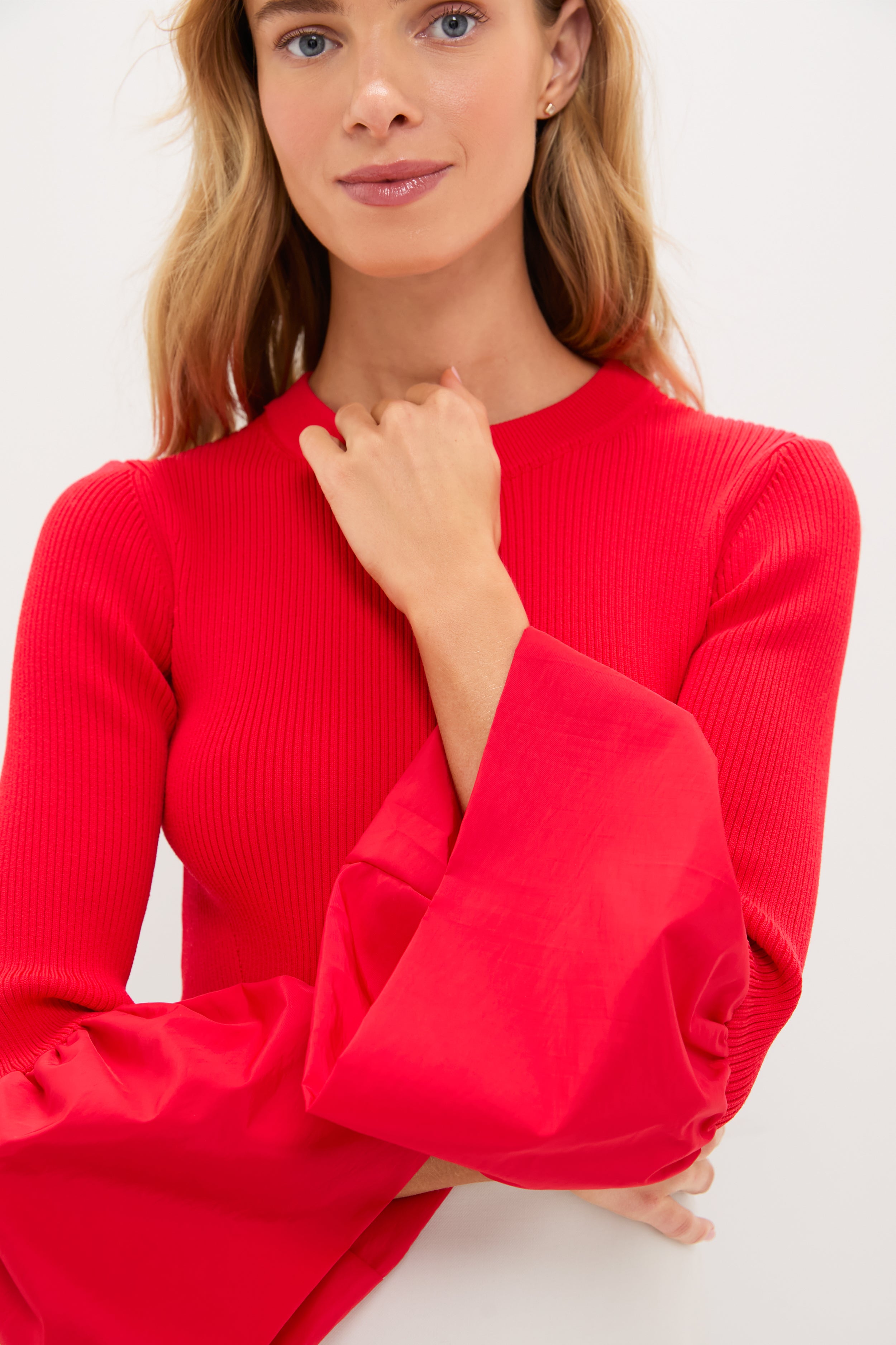 Red Knit Mixed Media Odin Blouse-Beilave