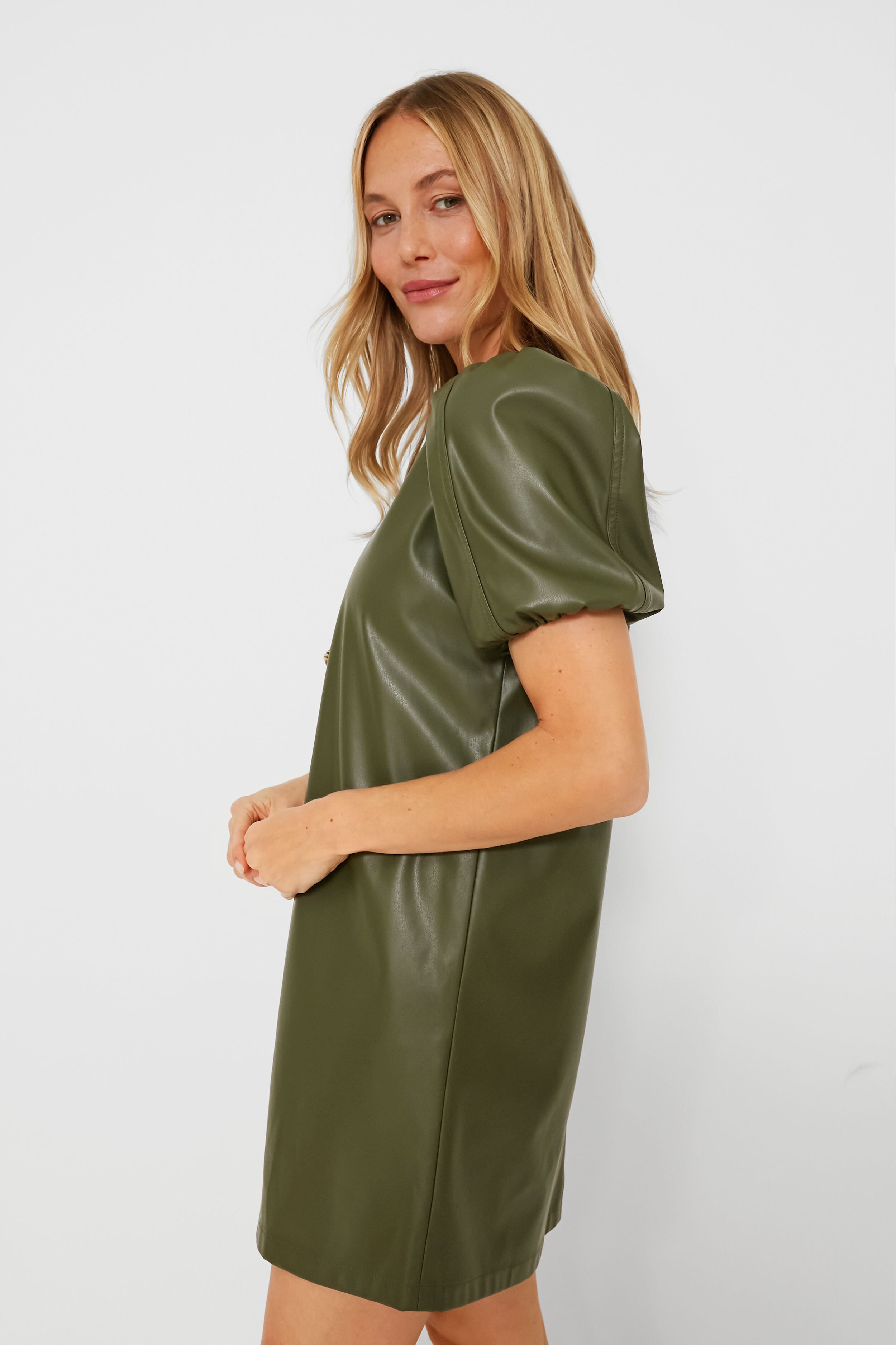Green Faux Leather McShea Mini Dress-Beilave