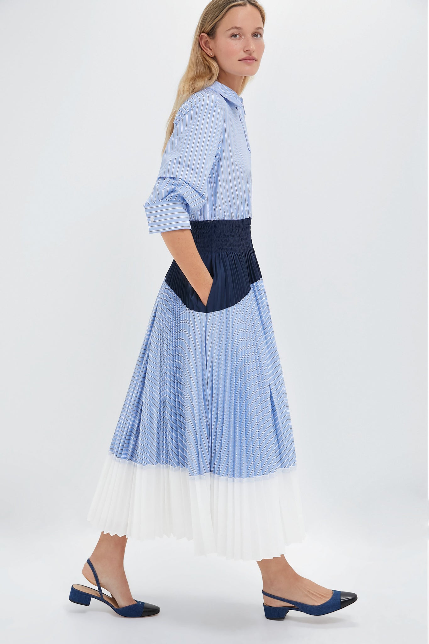 Harbor Blue Stripe Jenella Pleated Combo Dress-Beilave