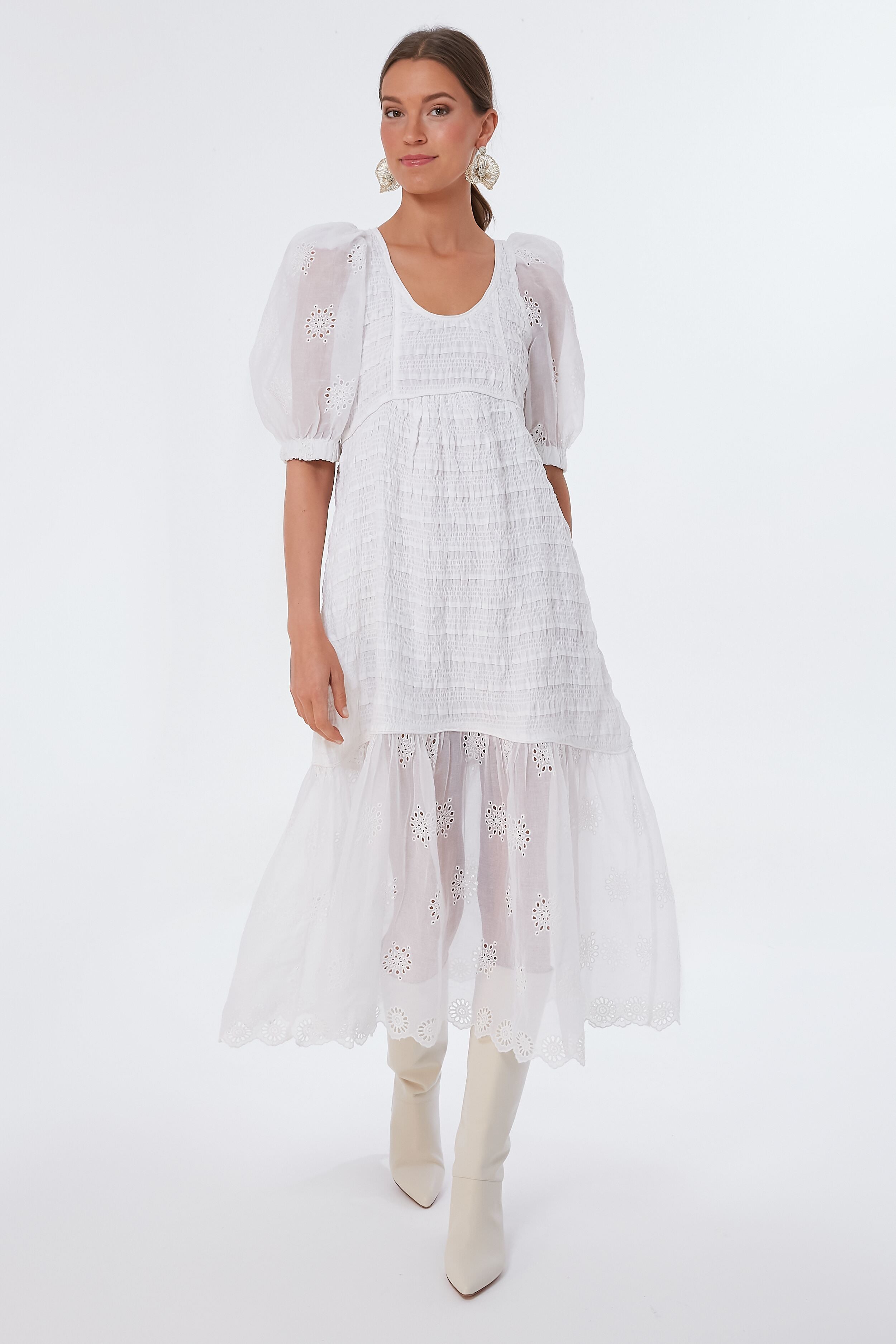 Eggshell Blaine Eyelet Puff Sleeve Smocked Dress-Beilave