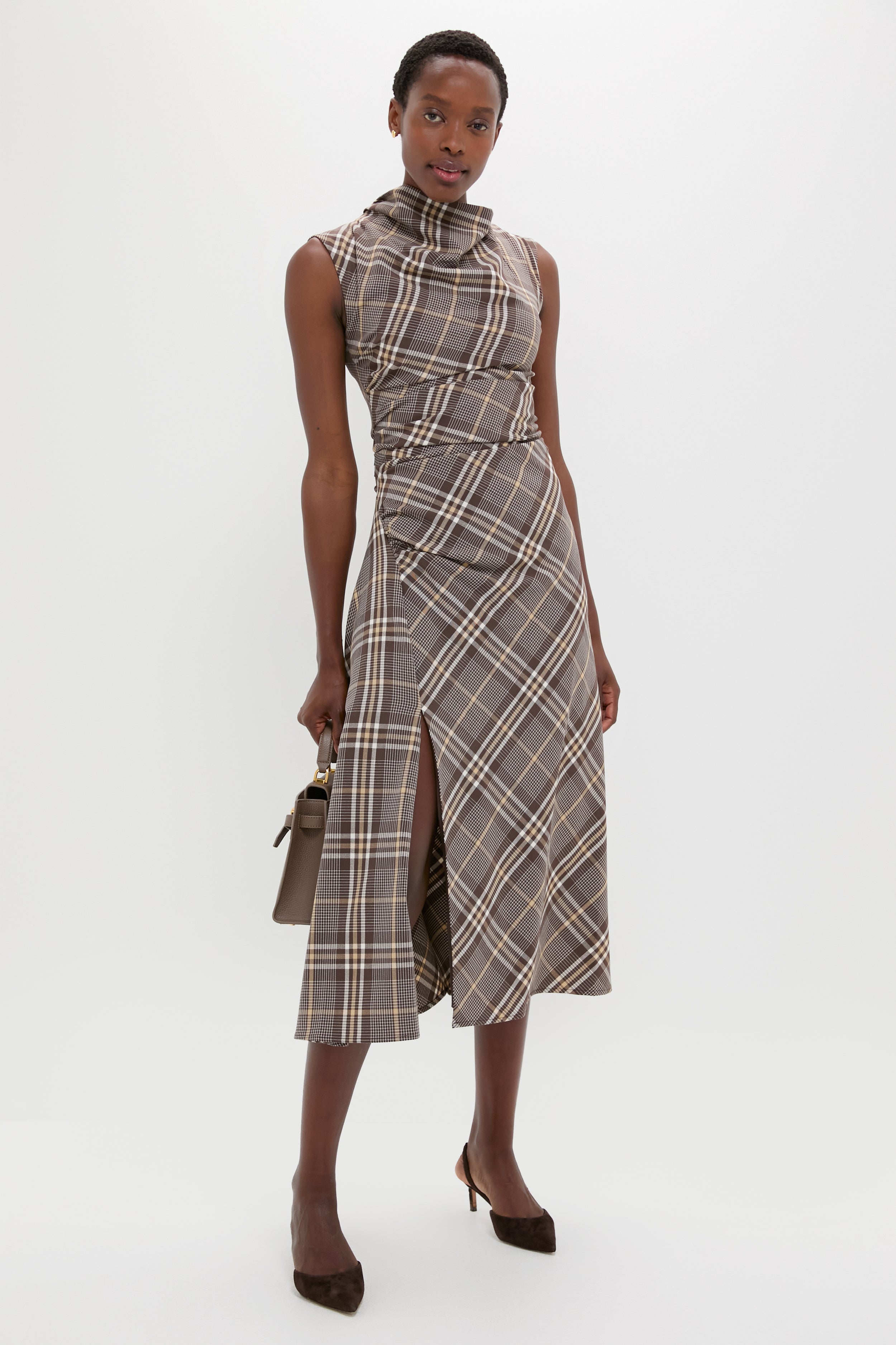 Chocolate Plaid Burke Sleeveless Draped Midi Dress-Beilave