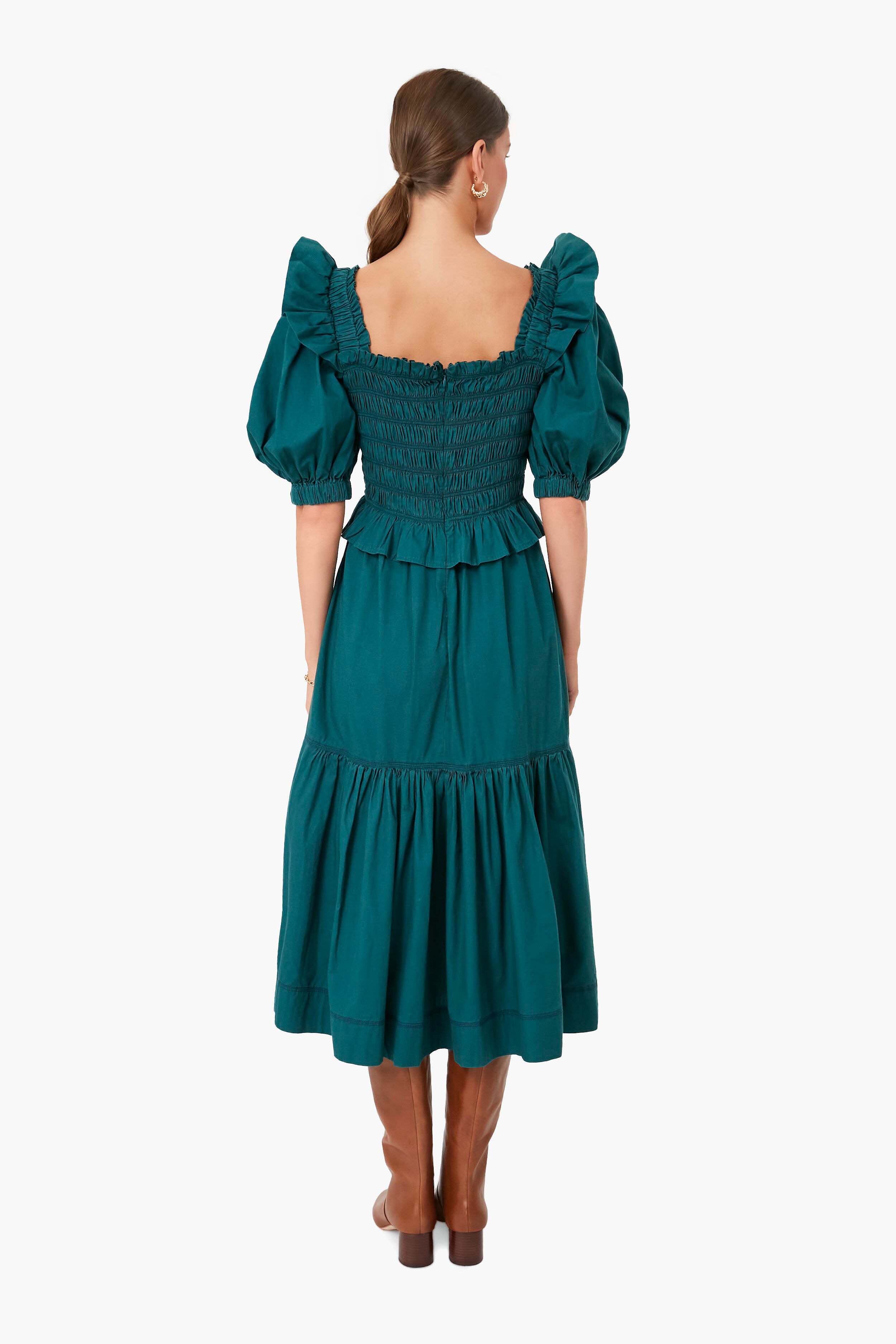 Forest Sybil Solid Cotton Puff Sleeve Smocked Dress-Beilave