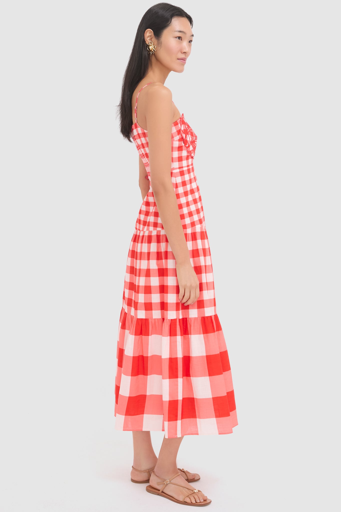 Red Gingham and Shell Taylor Midi Dress-Beilave