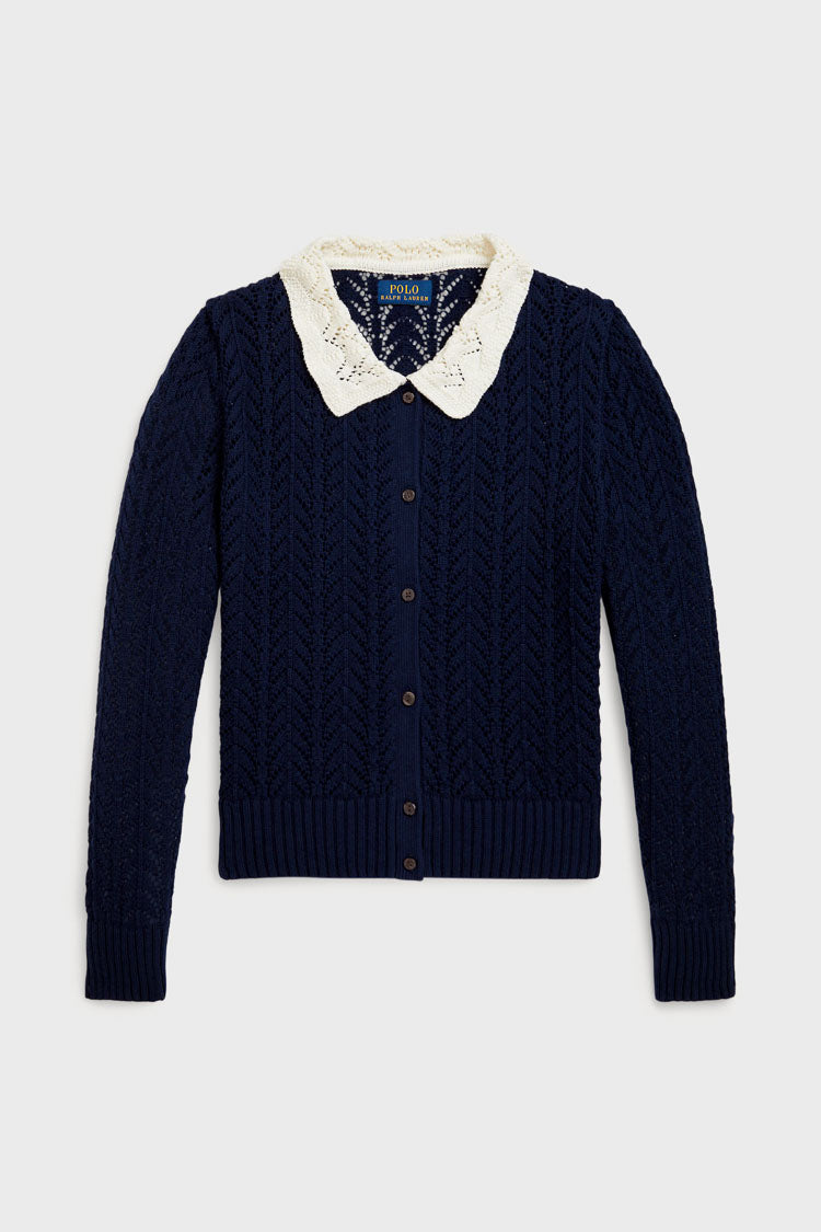 Girls Long-Sleeve Cotton Pointelle Collared Cardigan-Beilave