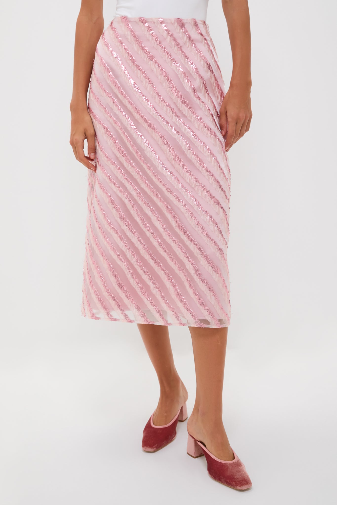 Soft Pink Shimmer Stripes Milan Midi Skirt-Beilave